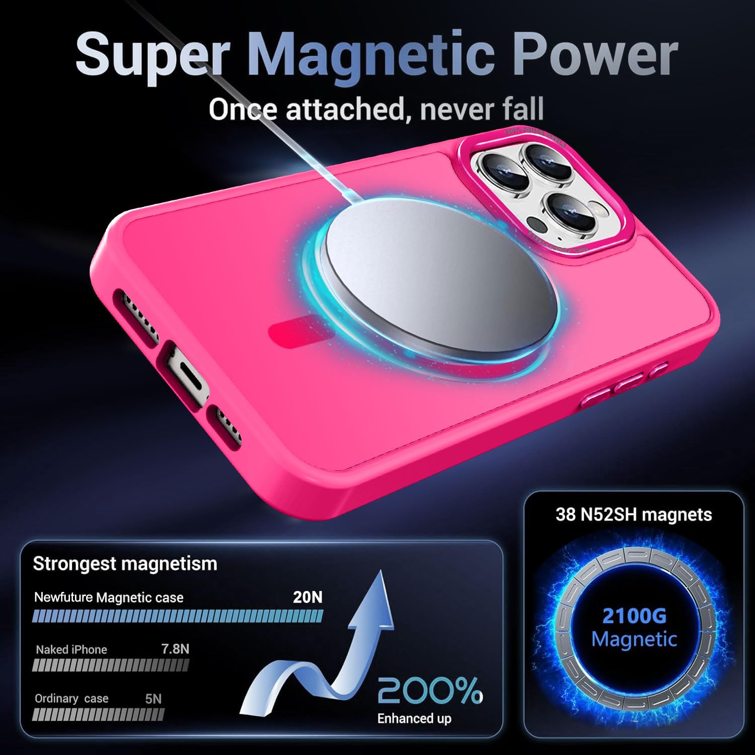 Newfuture Designed for iPhone 16 Pro Max Case with Magnetic [13 FT Military Drop Protection] [Compatible with Magsafe] Slim Translucent Matte Shockproof with Anti-Fingerprint Phone Case, Hot Pink - Image 3