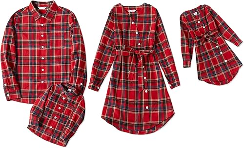PATPAT Conjuntos familiares a juego para mamá y yo, vestidos de falda y camisa a cuadros para parejas, conjuntos de manga larga con bolsillos