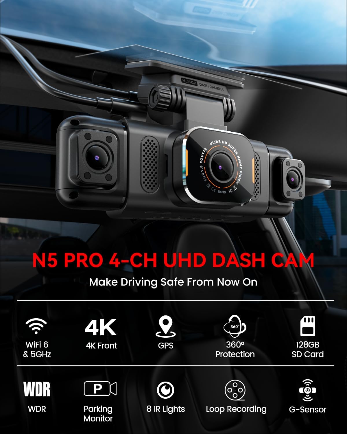 N5 PRO 4K 4 Channel Dash Cam, 360° All-Around View, 1080P Rear and Inside, 5G WiFi 6 - Up to 10MB/s, Built-in GPS, 8 IR Night Vision, G-Sensor, 24H Parking Mode, Free 128GB SD Card Included - Image 2