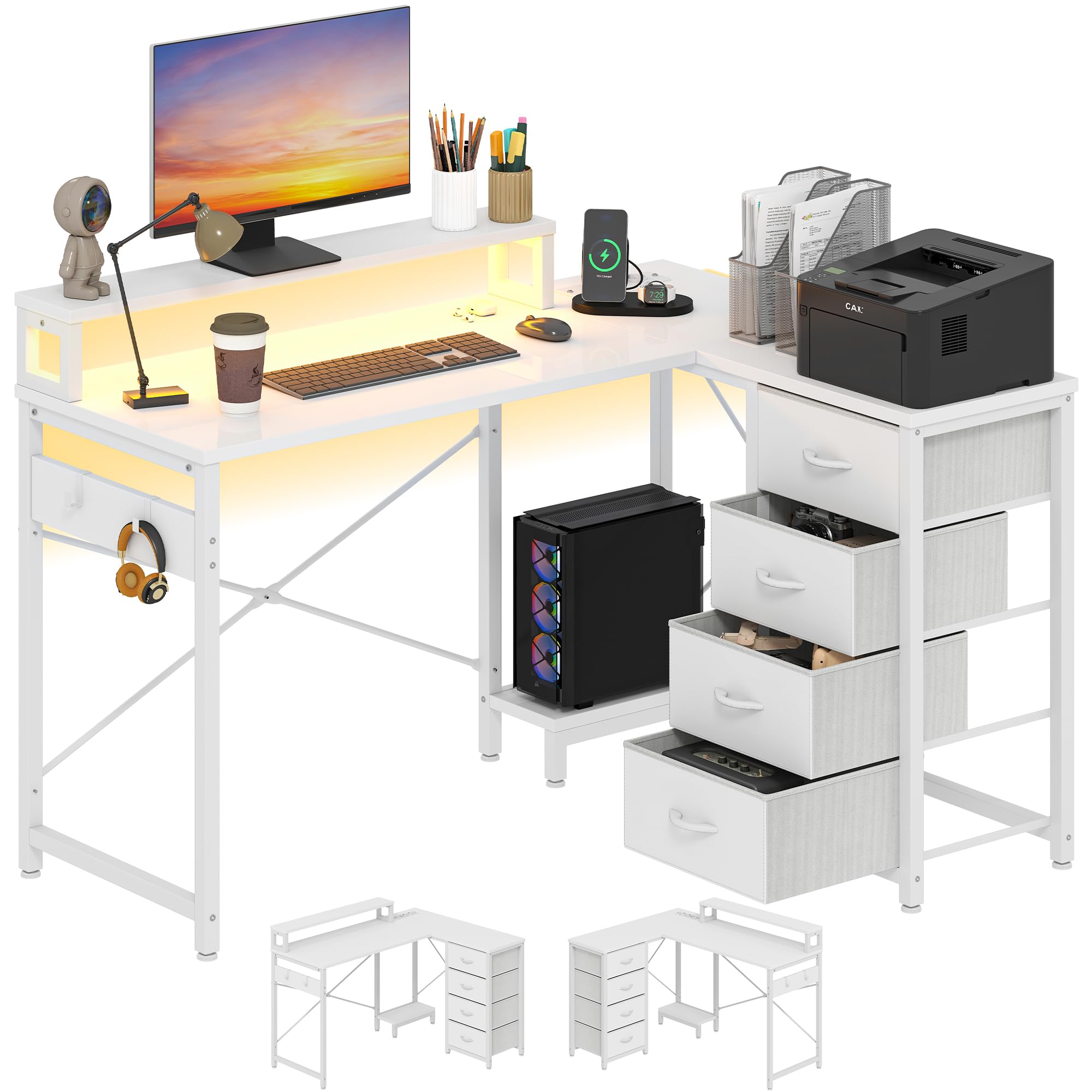 YITAHOME Mesa Escritorio con Estante de Almacenamiento de Bricolaje de 4 Niveles, Escritorio Ordenador con 2 Puertos USB y Enchufes para Oficina, Estudio, Sala de Estar, 130x100x75cm, Blanco