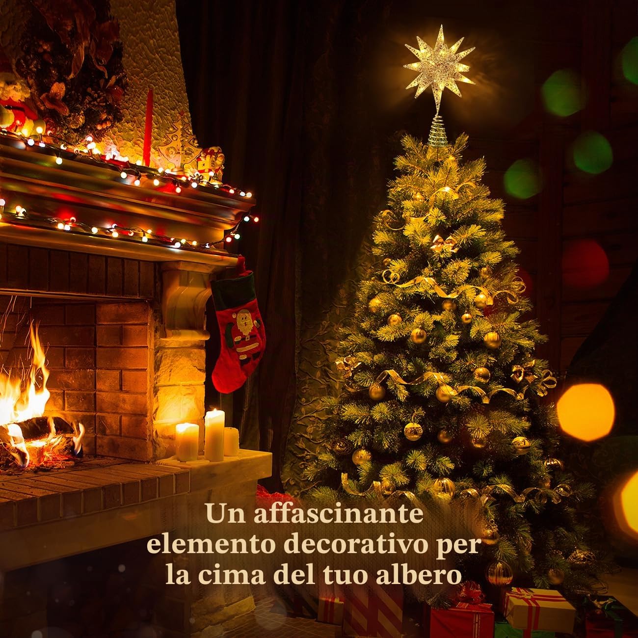 Luxspire Puntale Albero Natale LED, Decorazioni Natalizie Luci di Albero, a Forma di Albero con Glitter, Luci LED Albero di Natale, a 2 AA Batterie, Decorazione per Natale Festa Casa, Champagne Oro