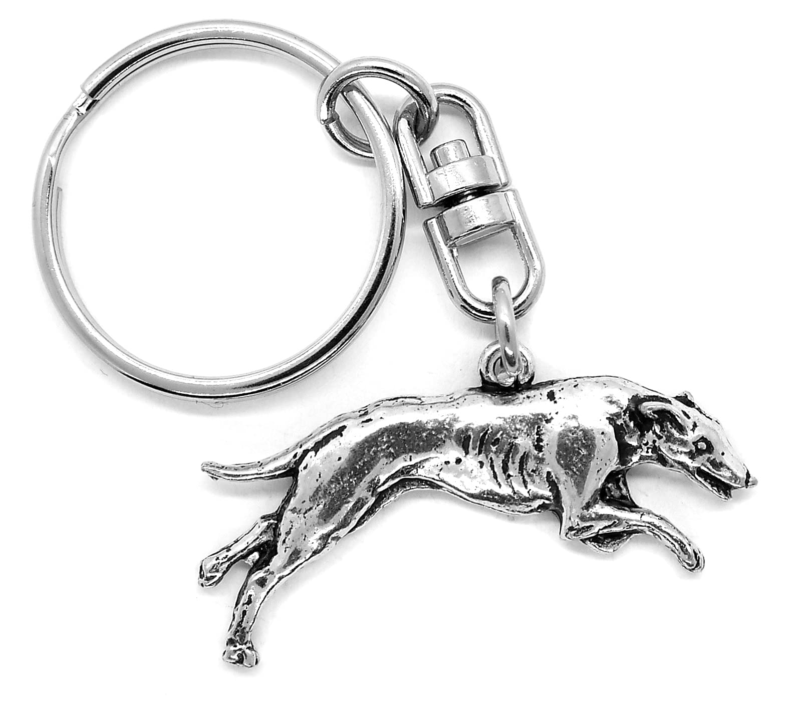 Greyhound Dog Silver Pewter Keyring (single sided) in a Burlap Gift Pouch