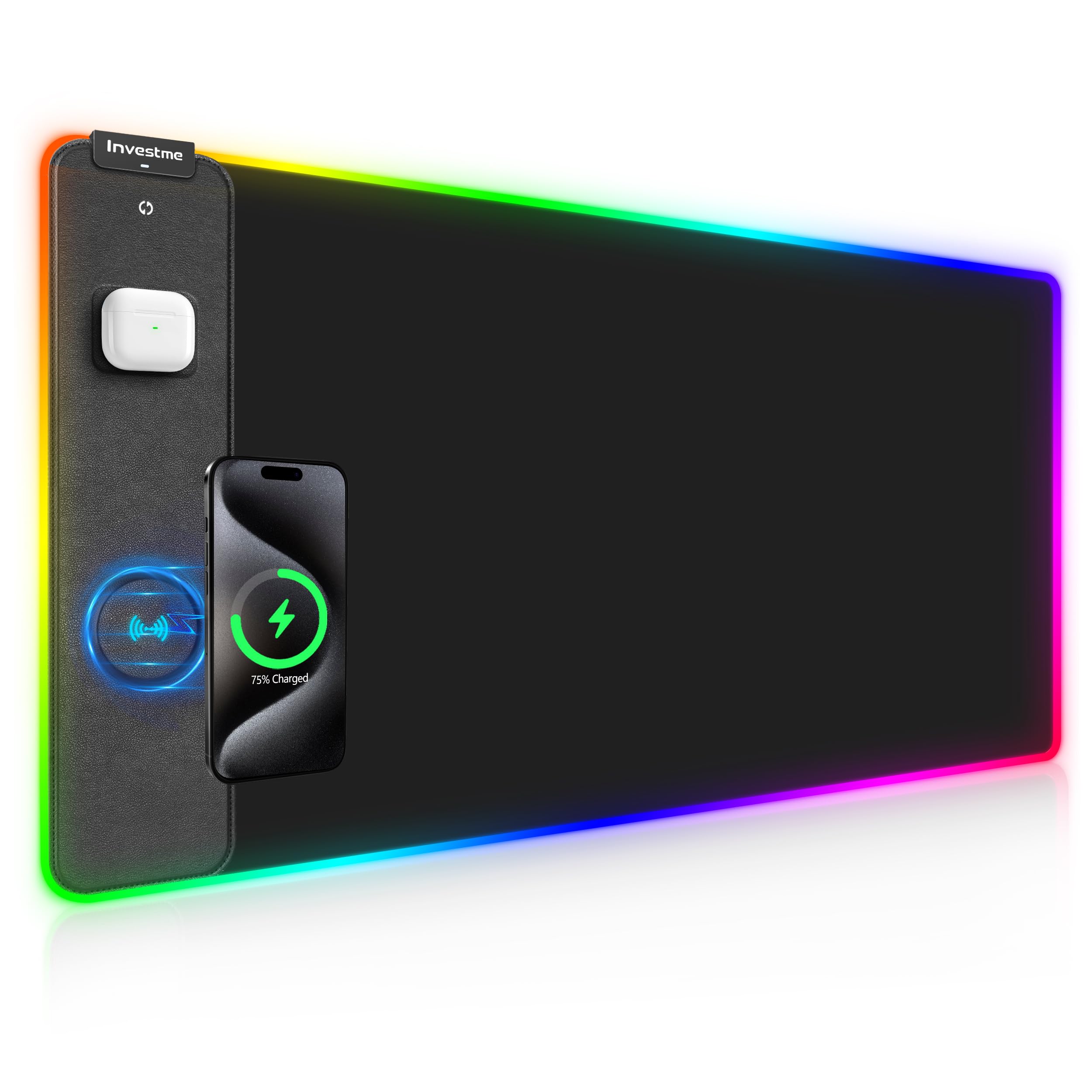 Alfombrilla de mouse RGB de carga inalámbrica para juegos, alfombrilla de mouse con carga rápida de 15 W, alfombrilla de mouse LED grande para juegos con 15 modos de luz, superficie ultrasuave