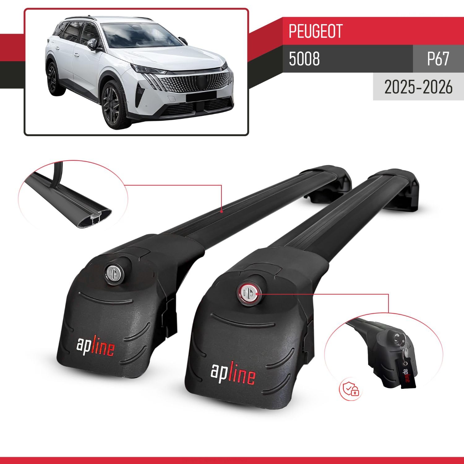 Compatibile con Peugeot 5008 (P67) 2025-2026 Modello ACE-2 Barre Tetto Portapacchi Auto Barre Portatutto Nero Alluminio 2 Barre
