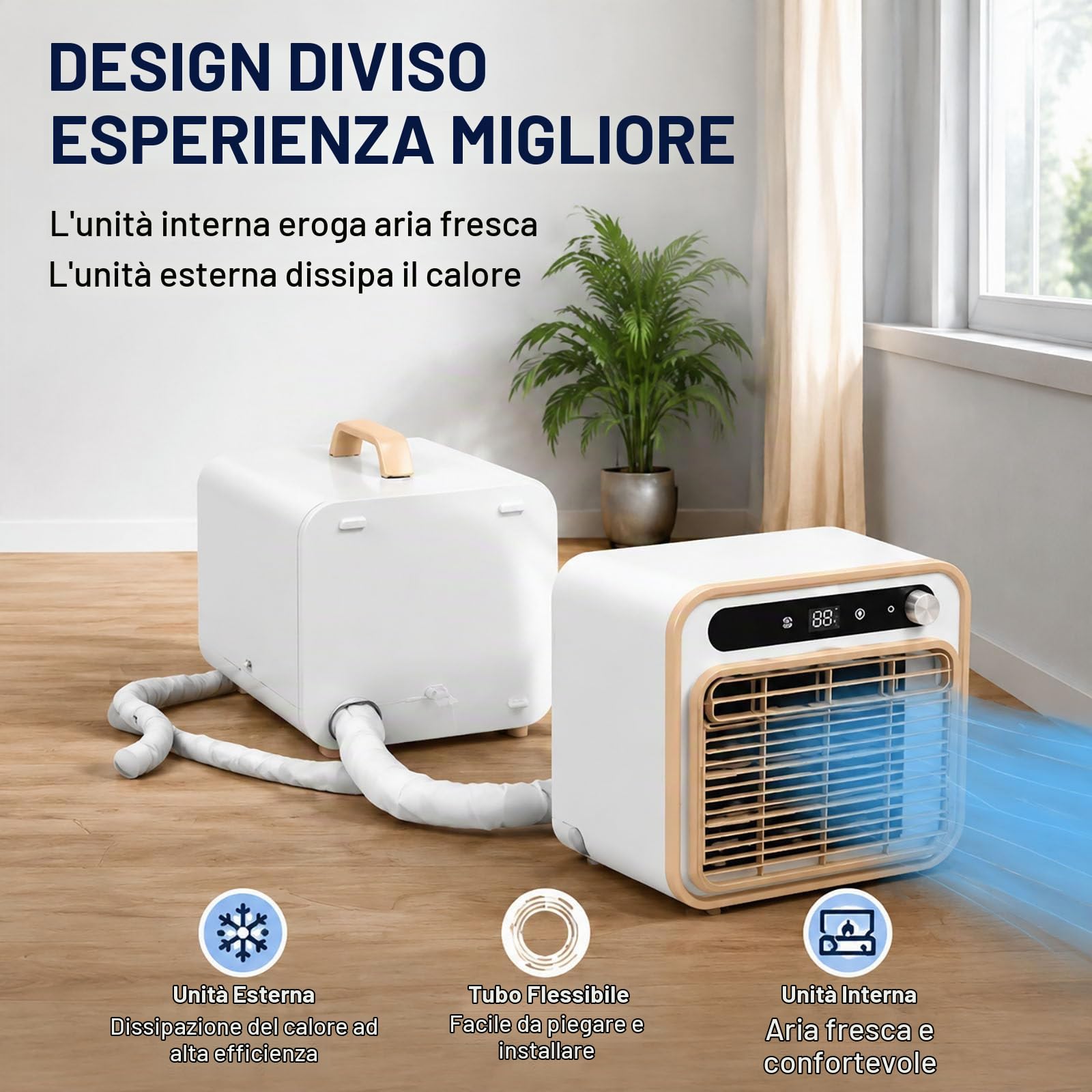 Condizionatore Portatile Split 220V (Modello 2026) – Raffreddamento rapido da 9600 BTU | Condizionatore portatile 4 in 1 con funzioni di raffreddamento, deumidificazione, ventilazione e modalità notte
