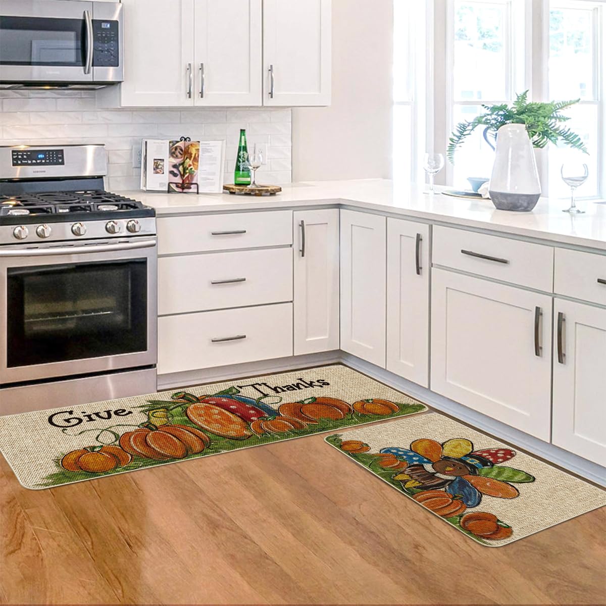 Artoid Mode Turkey Pumpkin Thanksgiving Kitchen Mats Set of 2, Give Thanks Home Decor Low-Profile Kitchen Rugs for Floor - 17x29 and 17x47 Inch