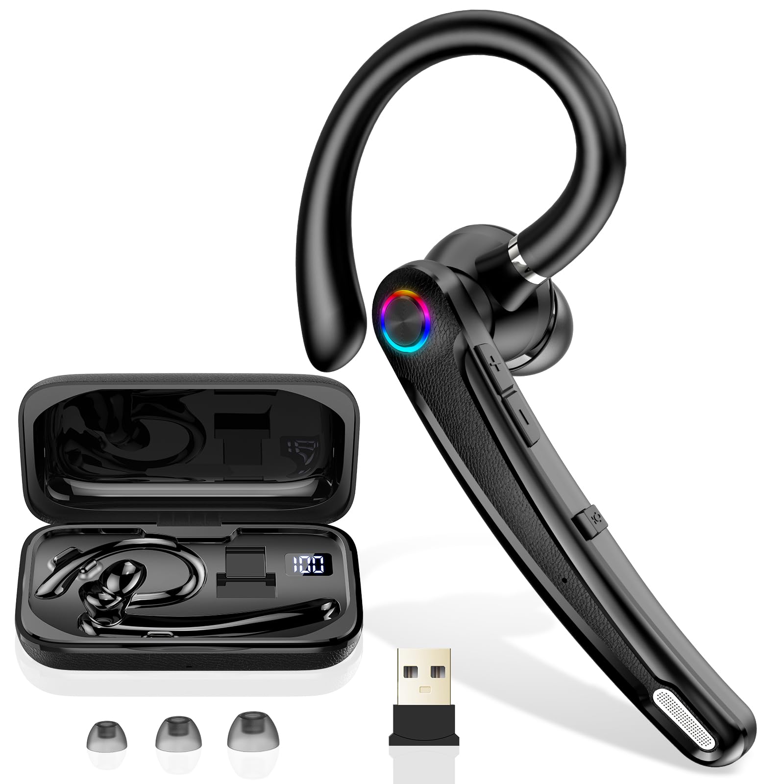 Bluetooth Headset V5.4, Wireless Bluetooth Earpiece with ENC Noise Cancelling Mic, 115Hrs Talk Single-Ear Headphones with USB Dongle/Mute Button, Hands-Free Earphones for Business/Office/Driving