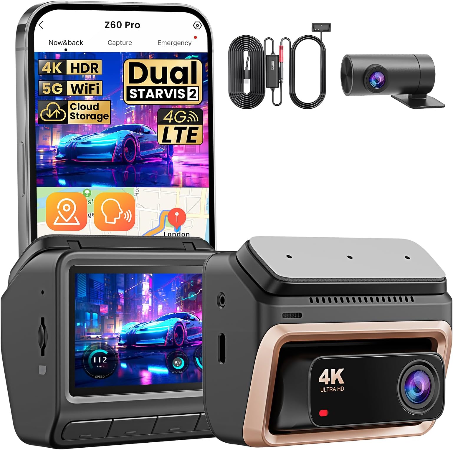 4K Dash Cam Front and Rear Z60 Pro, Dual STARVIS 2 IMX678 Dashcam with OBD Hardwire Kit Set