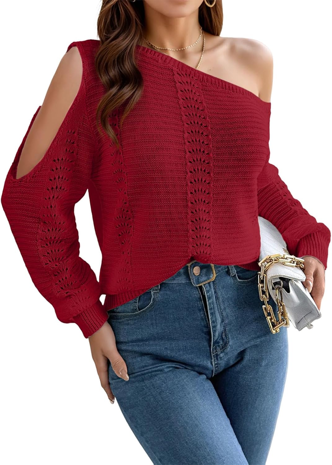Womens Off The Shoulder Sweater Tops, Long Sleeve Crochet Pullover Sweater Dressy Casual Hollow Out Trendy Outfits