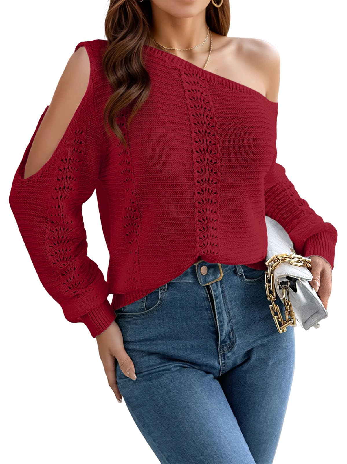 Womens Off The Shoulder Sweater Tops Long Sleeve Crochet Pullover Sweater Dressy Casual Hollow Out Trendy Outfits