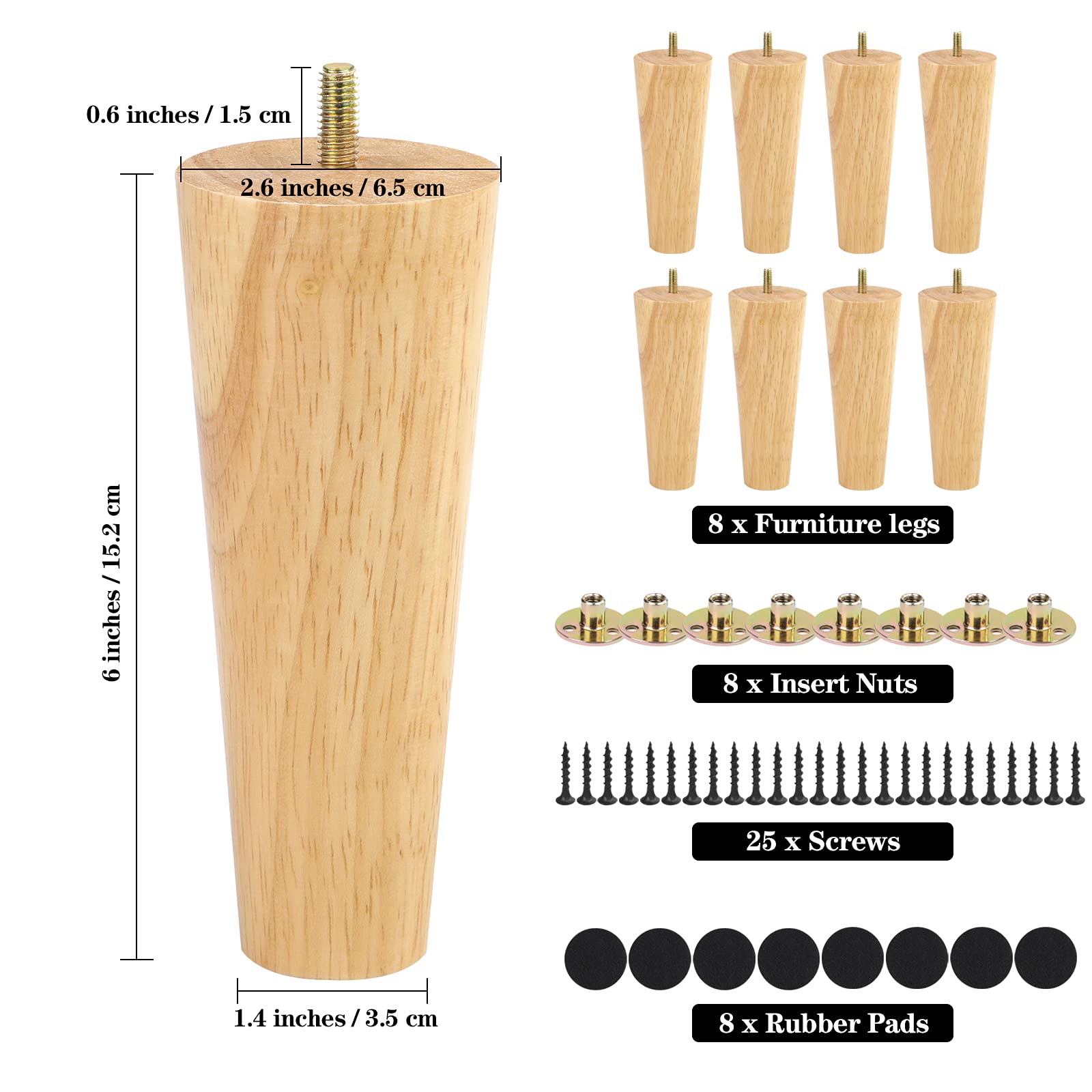 Ruisita 8 Pieces Furniture Couch Legs 6 Inch Round Solid Wood Sofa Legs