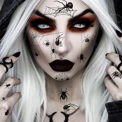 Miniatura 2 de 42 hojas de telaraña 3D y tatuajes temporales de cicatriz falsa, kit de maquillaje de Halloween, bruja zombi, realista, falso murciélago, tatuajes