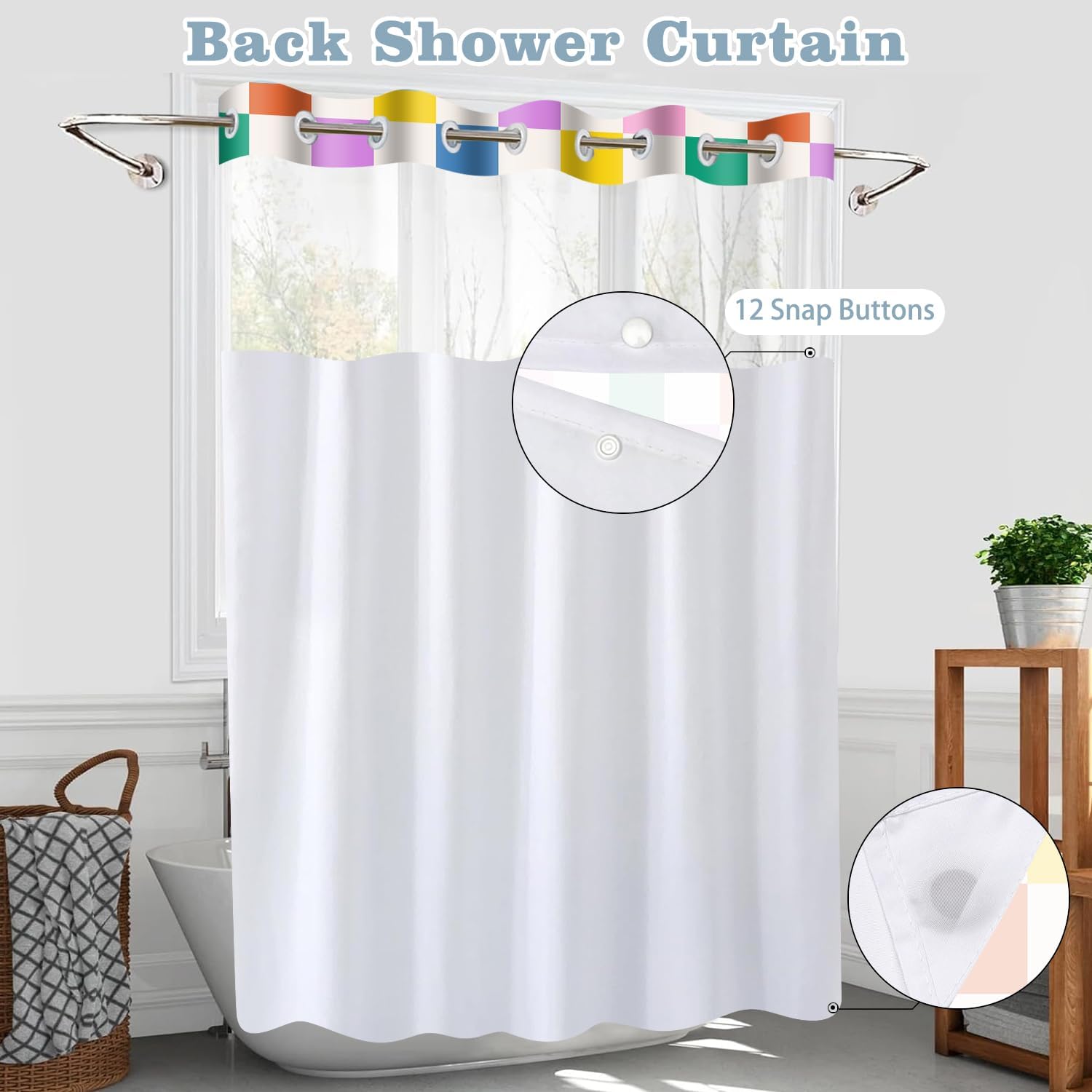 No Hook Plaid Shower Curtain Modern Cute Color Block Colorful Checkered Shower Curtain Set for Hotel Bathroom Shower Room 71x74 Inches
