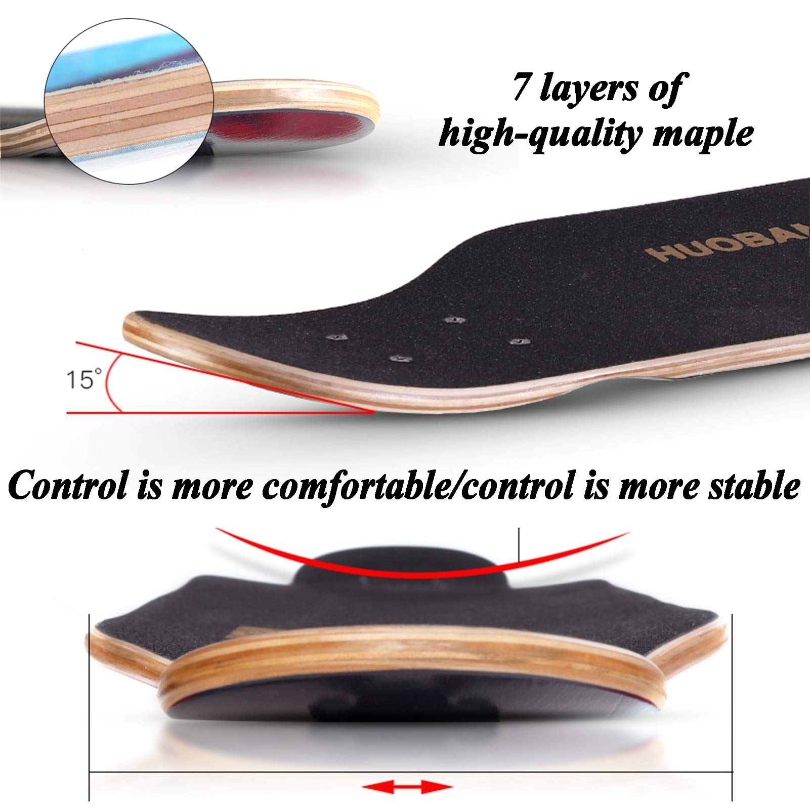 Longboard Cruiser Skateboard Complet 7 Couches Deck 42"x8.9" Skate Board en Bois d'érable Longboards pour Adultes Adolescents Jeunes débutants Filles garçons, pour croisière,
