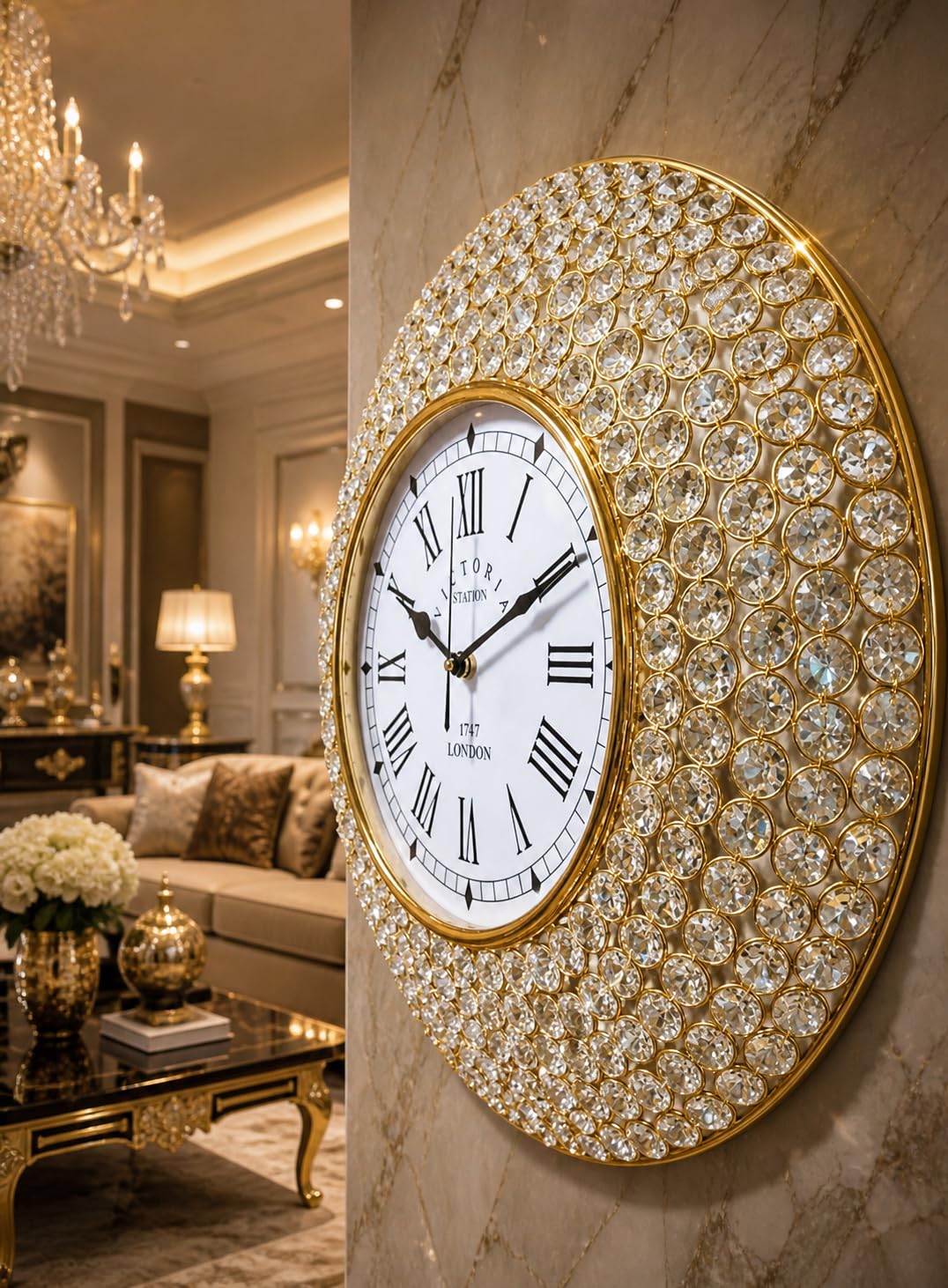 Decorative Crystal Wall Clock Metal Abstract Clock Best Analog Luxury Fancy Diamond Studdded Roman Number Beautiful Home Decor Living Room,Size:Gold 42 cm, Dial 20 cm-image-39