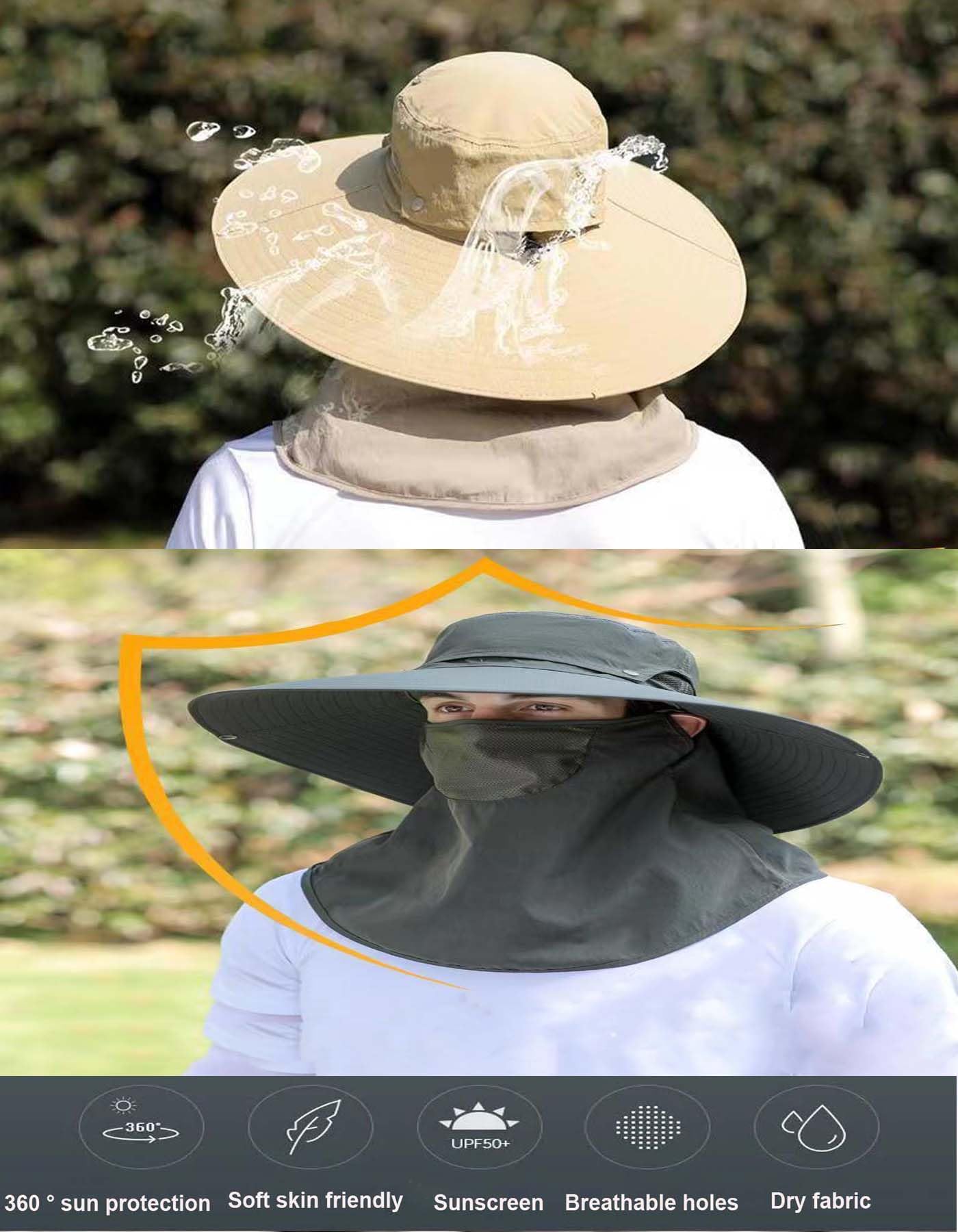 Cappello da pesca per uomo e donna, con protezione solare UPF 50+ e patta per il collo, cappello da spiaggia, cappello da escursionismo, cappello da pesca