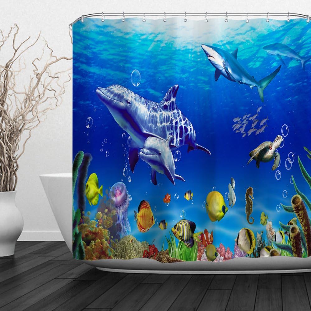 Baccessor Colorful Turtle Shower Curtains,Ocean Animal Sea Tortoises with Fish Waterproof Bathroom Decor with Hooks, 60" W x 72" H (150CM x 180CM) - Underwater World