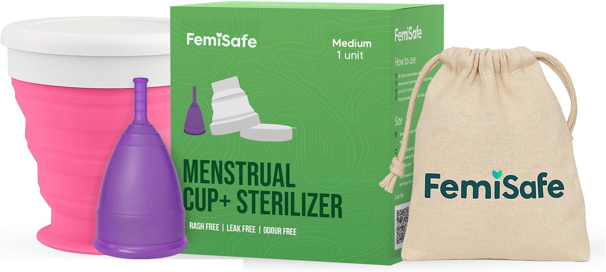 FemiSafe Menstrual Cup- Medium Size & Collapsible Sterilizer Combo | Reusable, Odourless & Rash Free | Made with Medical Grade Silicone | Travel-Friendly, Microwave Safe, BPA free & Heat Resistant