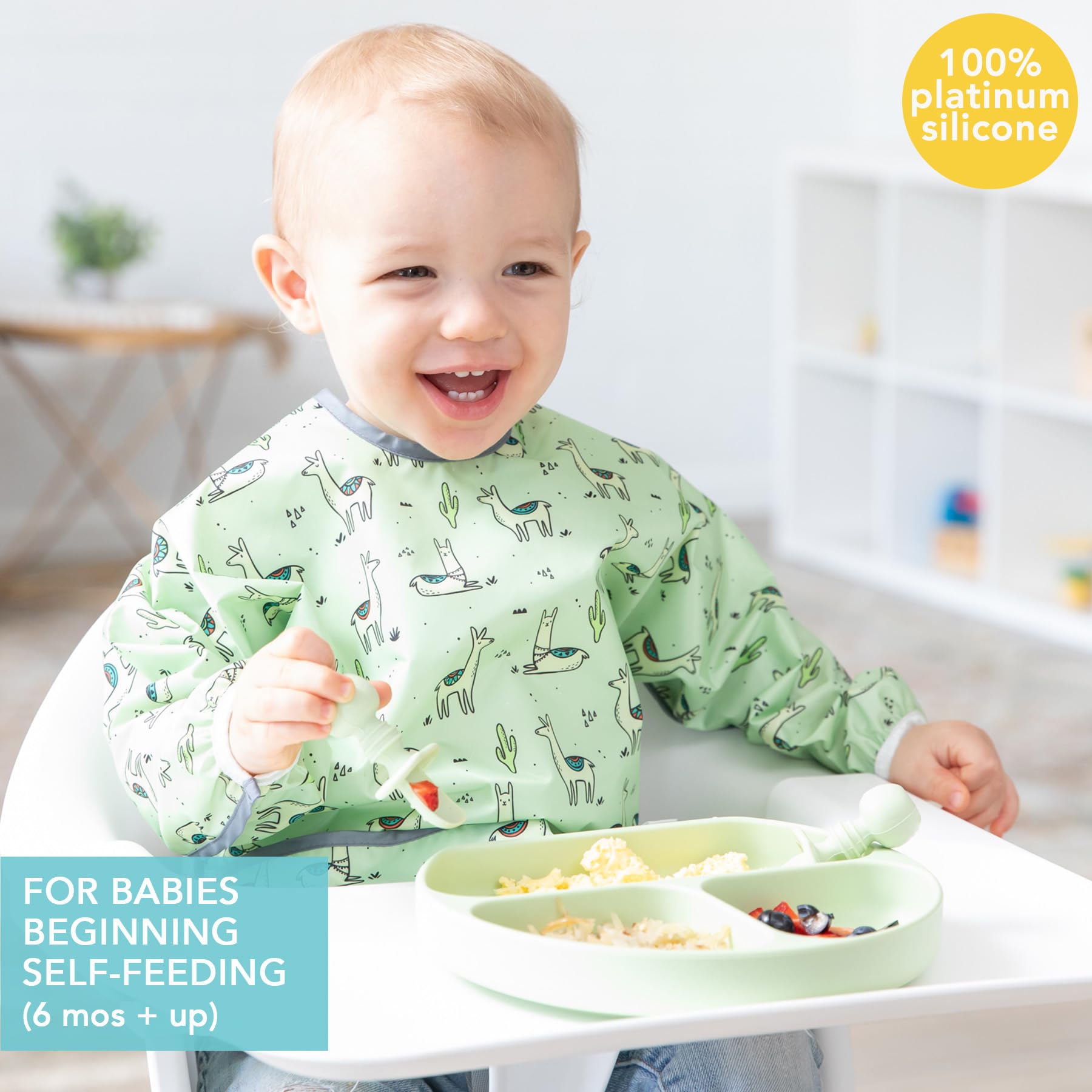 Bumkins Silicone Grip Dish 3-Section, Silicone Training Chewtensils & Lid, Green