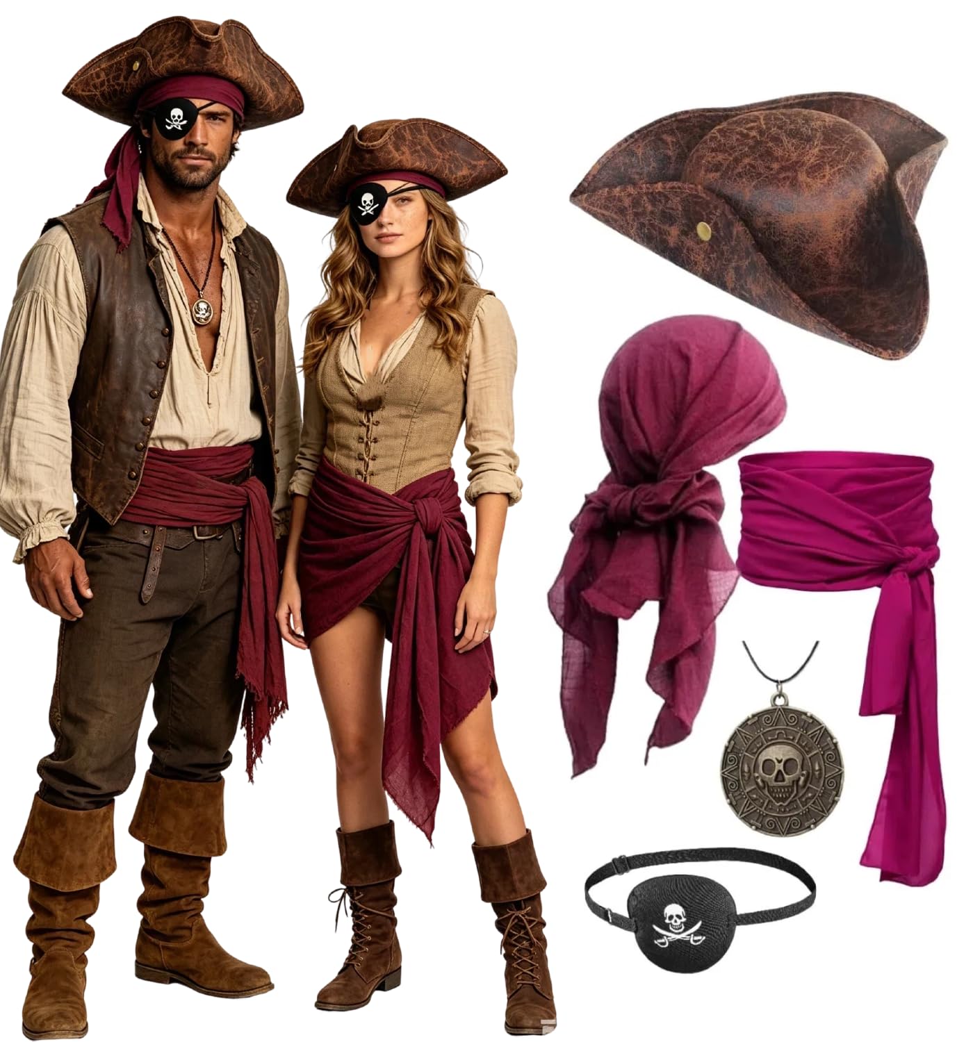 kasahara Pirate Hat Pirate Costume Accessory Set Pirate Headscarf Eye Patch Necklace (Wine Red)