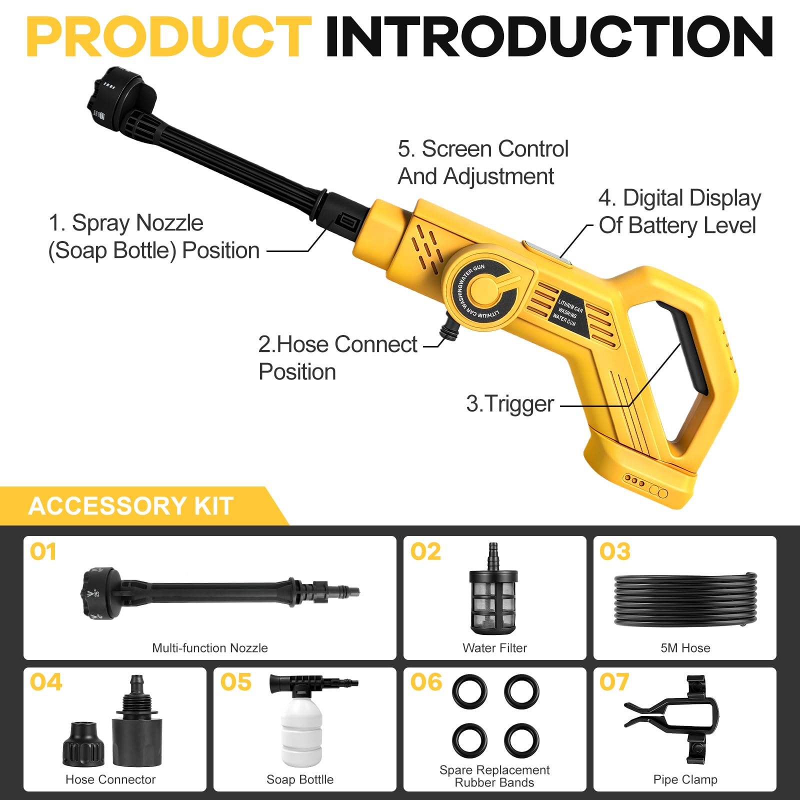 Hidrolimpiadora Portatil Inalámbrica Compatible con Dewalt 20V batería | Pistola de Alta Presión, Boquilla 6 en 1, Limpiadora Multiusos para Coche, Terraza, Jardín, Limpieza y Riego