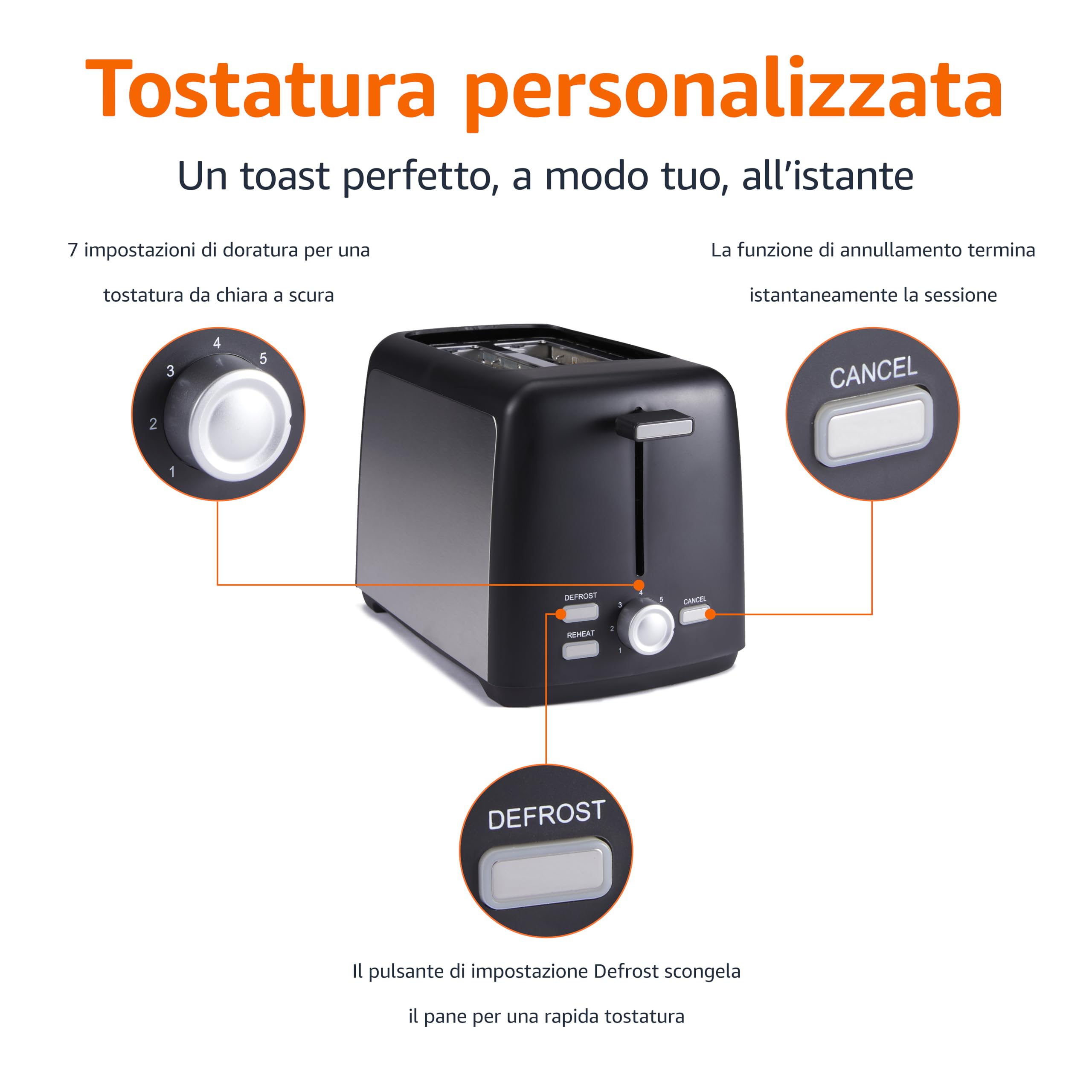 Amazon Basics Tostapane 2 Fette con 7 Livelli di Doratura e Vassoio Raccogli Briciole Estraibile, Slot Extra Larghi, 800W, Nero