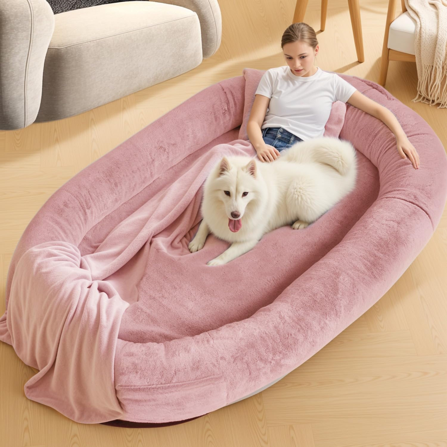 NESTROAD Human Dog Bed for Pets and Adults, 71"x45"x15", Washable Faux Fur Cover with Blanket and Pillow, Extra Large Human Size Beanbag Bed,Pink