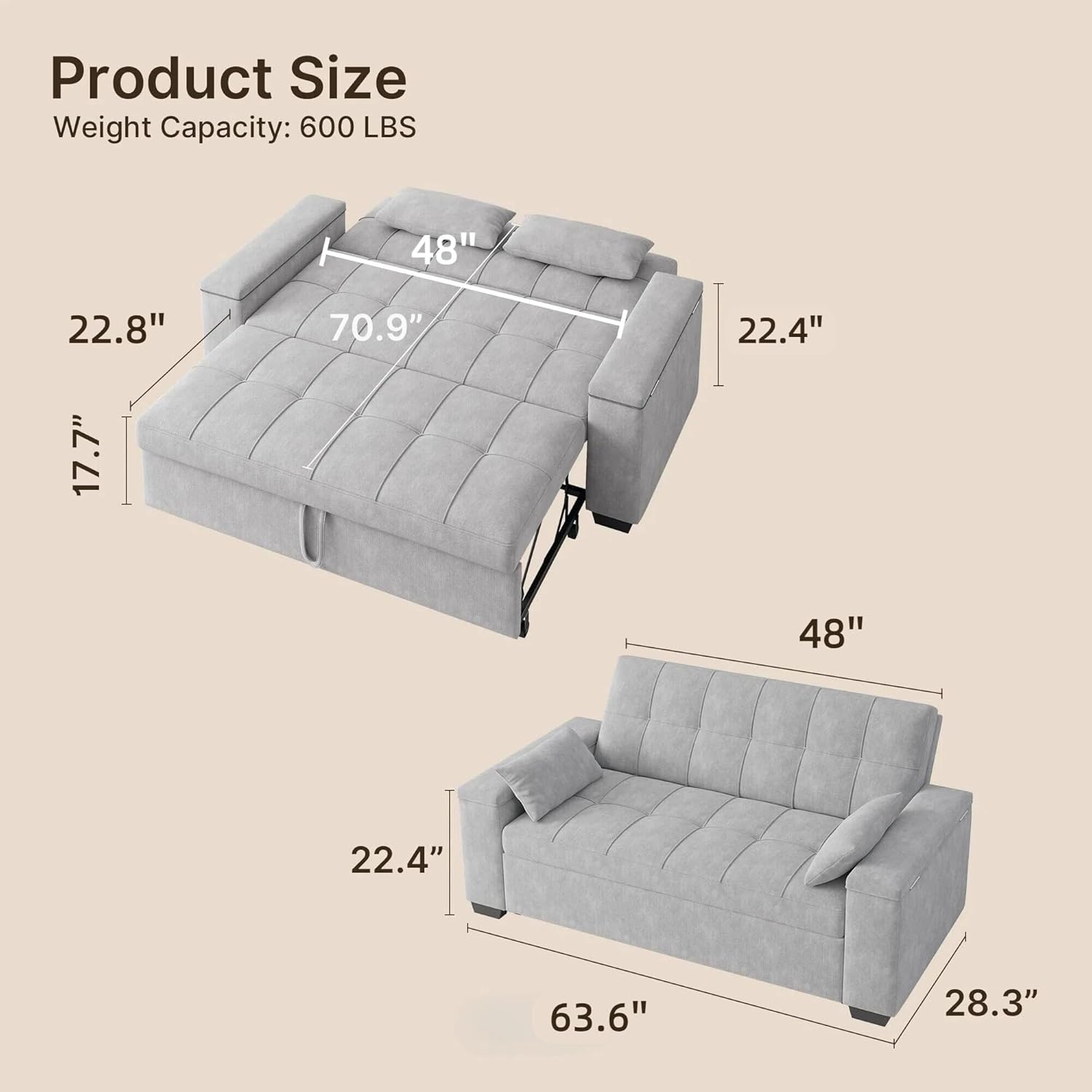 Product dimensions of the Gizoon Convertible Sofa Bed Futon in both sofa and bed configurations.
