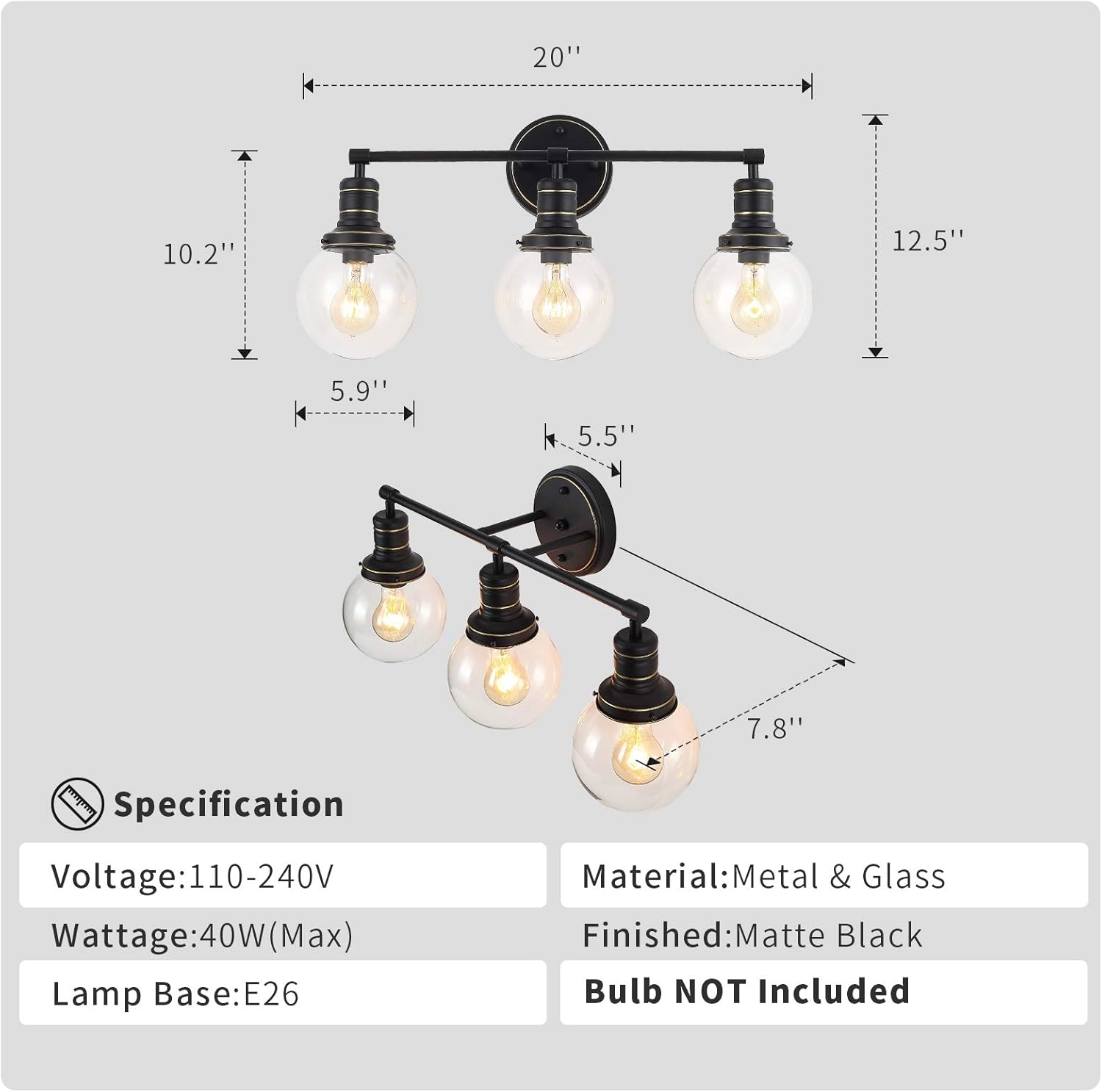 80% Off Discount 3-Light Bathroom Vanity Light, Modern Wall Sconce Lighting, Vintage Vanity Light Fixtures Over Mirror with Clear Glass Shades in a Black Finish, E26