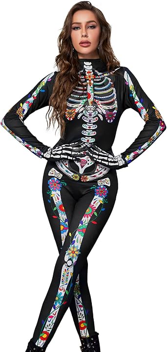 Skeleton Costume Women Womens Halloween Costumes Adult Skeleton Body Suits Women for Halloween Cosplay Role Play M