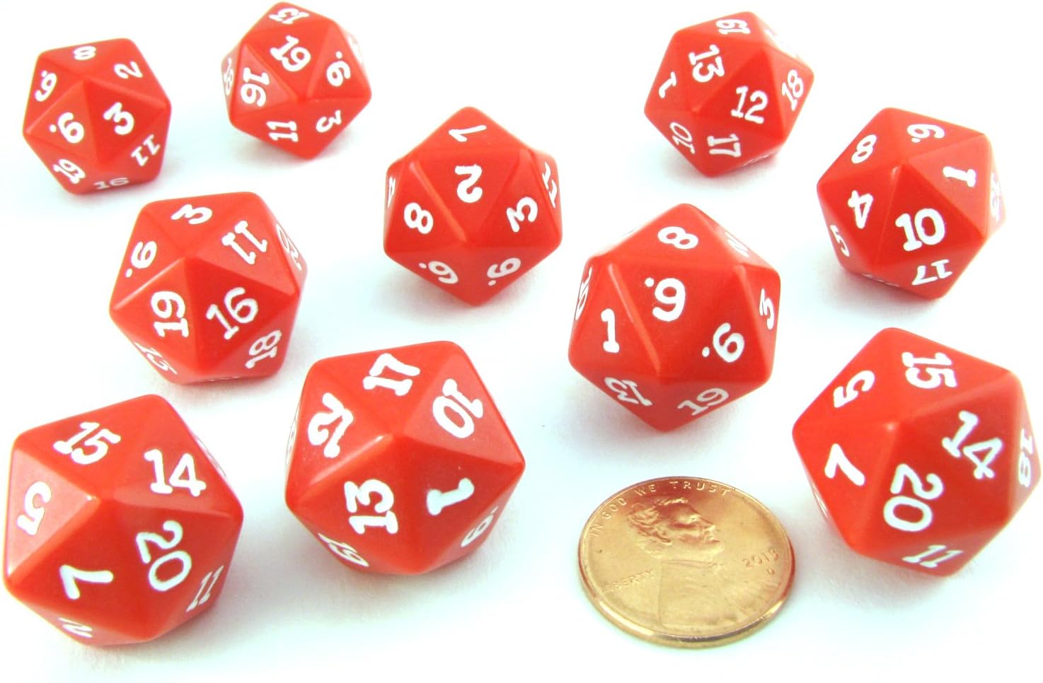Set of 10 Twenty Sided 19mm D20 Opaque RPG Dice - Red with White Numbers Die by Koplow Games
