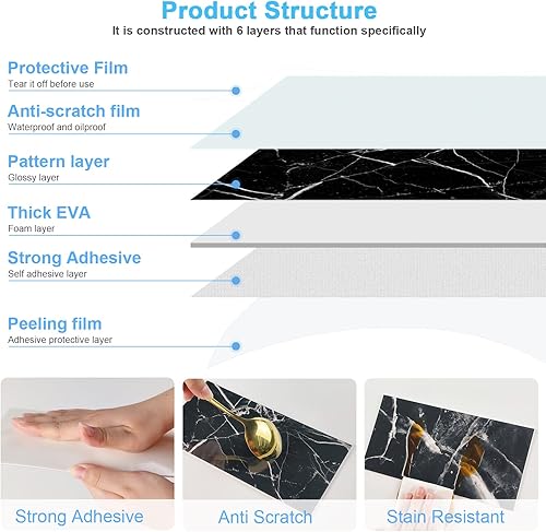 Miniatura 4 de URCOLOR Azulejos de pared de 32 piezas para despegar y pegar, 4 x 8 pulgadas, PVC negro brillante mármol palo en azulejos de metro para cocina,