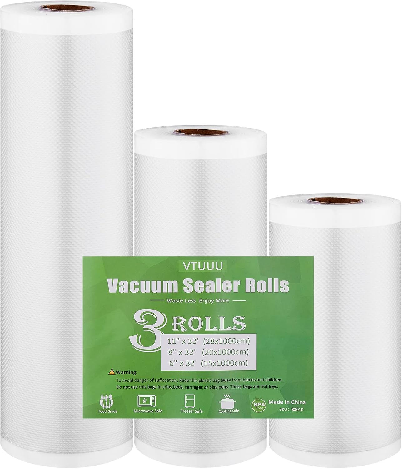 Vtuuu Food Saver Bags Vacuum Sealer Bags Rolls 6'' 8'' 11'' x 32' Total