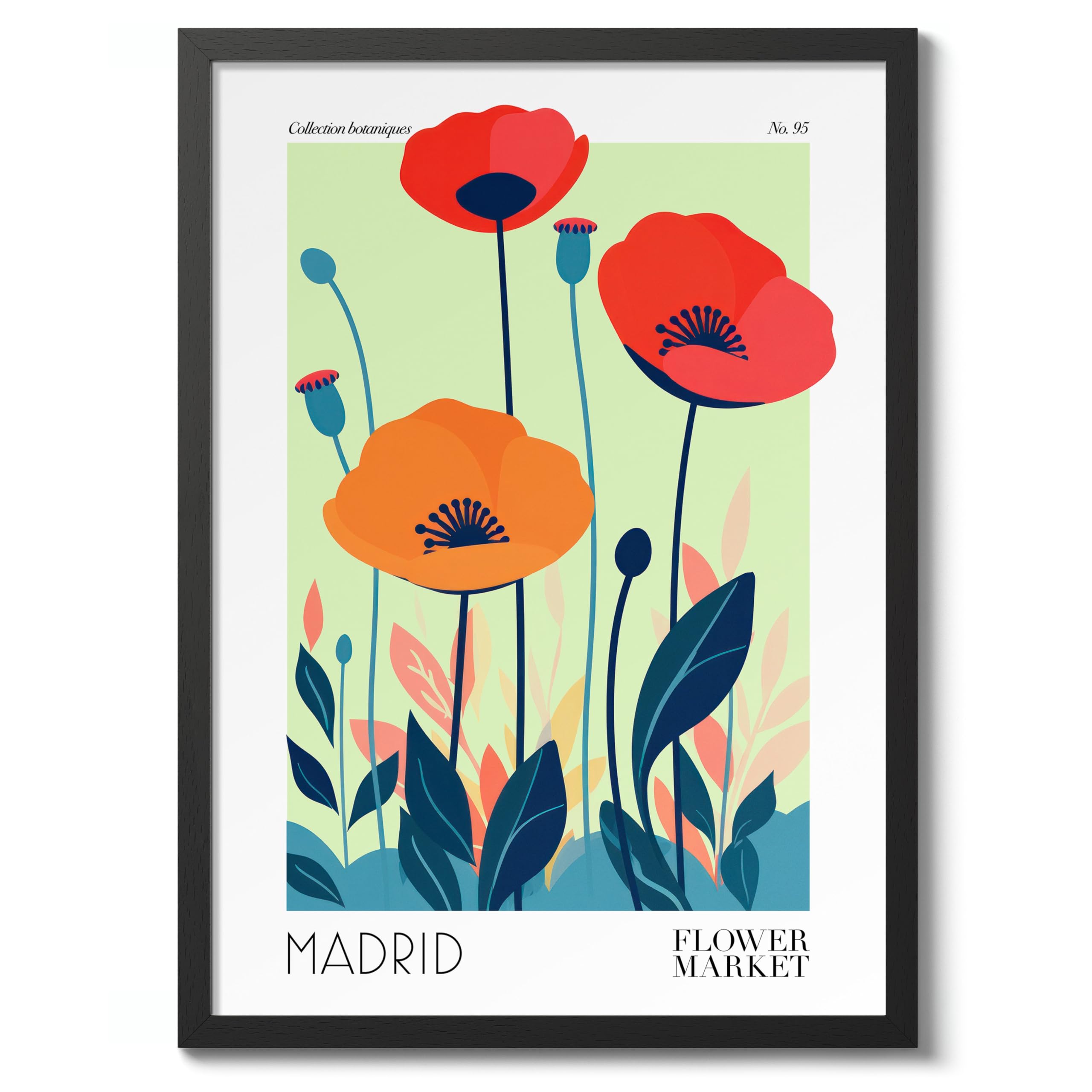 Poppies Flower Market Poster Floral Wall Decor Print Abstract Colourful Minimalist Travel Bedroom Art, Archival Matte, A4 (Black Frame) - 29.7x21cm