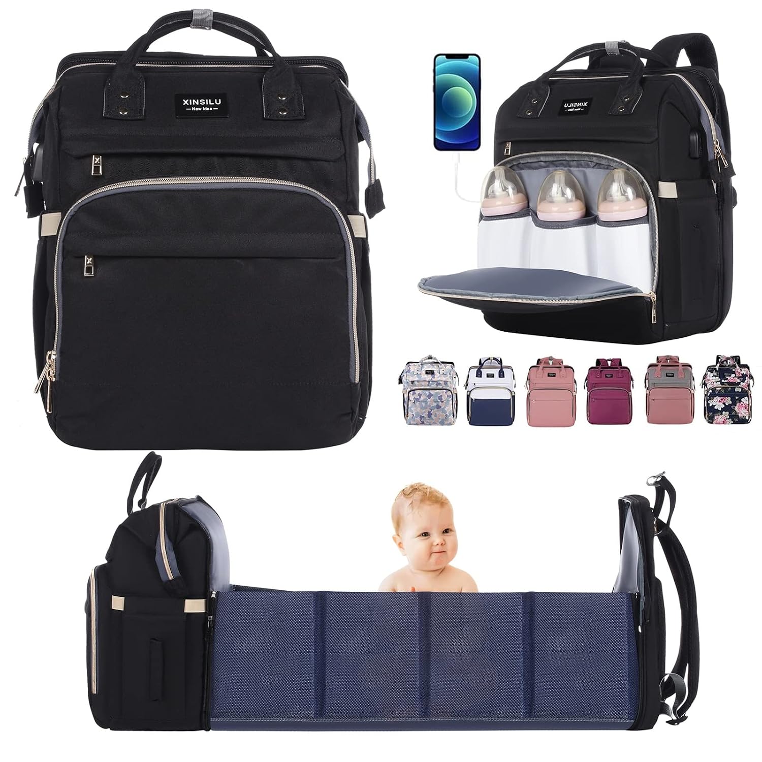 Xinsilu Diaper Bag Backpack Large Baby Diaper Bags for Boys & Girls with Changing Station, Changing Bags Baby Registry Search Waterproof Stylish Newborn Baby Essential Gifts BLACK