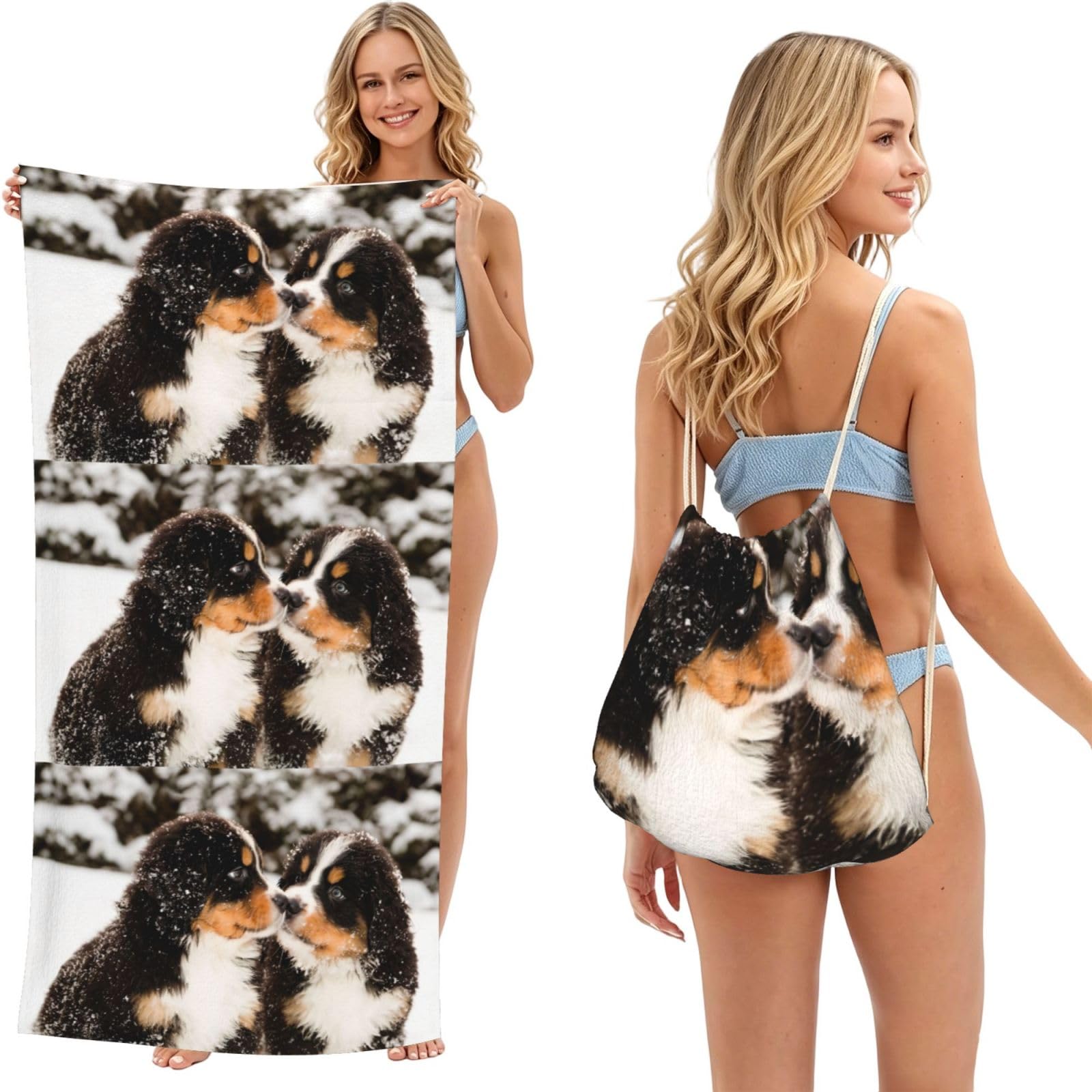 Poadnly As Picture Bernese Mountain Dog, 2 In 1 Packable Towel Bag, Beach Towels With Drawstring Backpack For Travel Holiday Camping