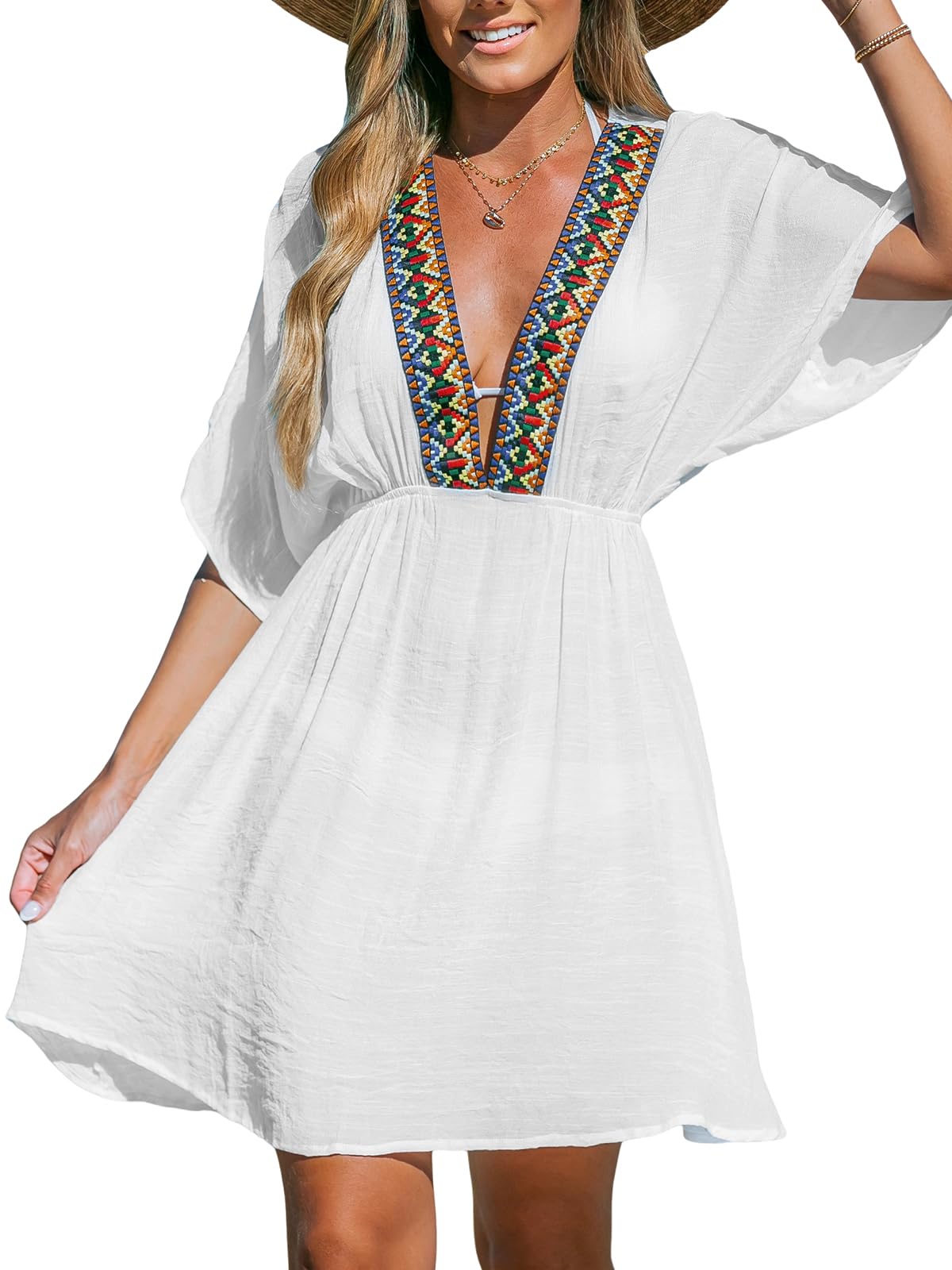 CUPSHE Traje de baño para mujer, con cuello en V, bordado, mini vestido de playa 2024