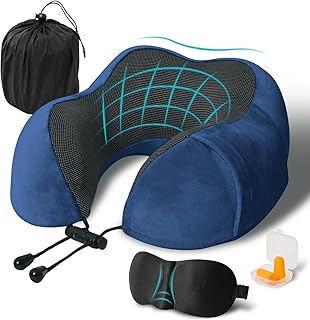 FANHOMAS Almohada de Viaje, Cojin Cuello Viaje de Espuma Memoria, Almohada Cervical para Oficina Avión Tren Coche Viajando, Travel Neck Pillow con Tapones para los Oídos y Máscara de los Ojos - Azúl