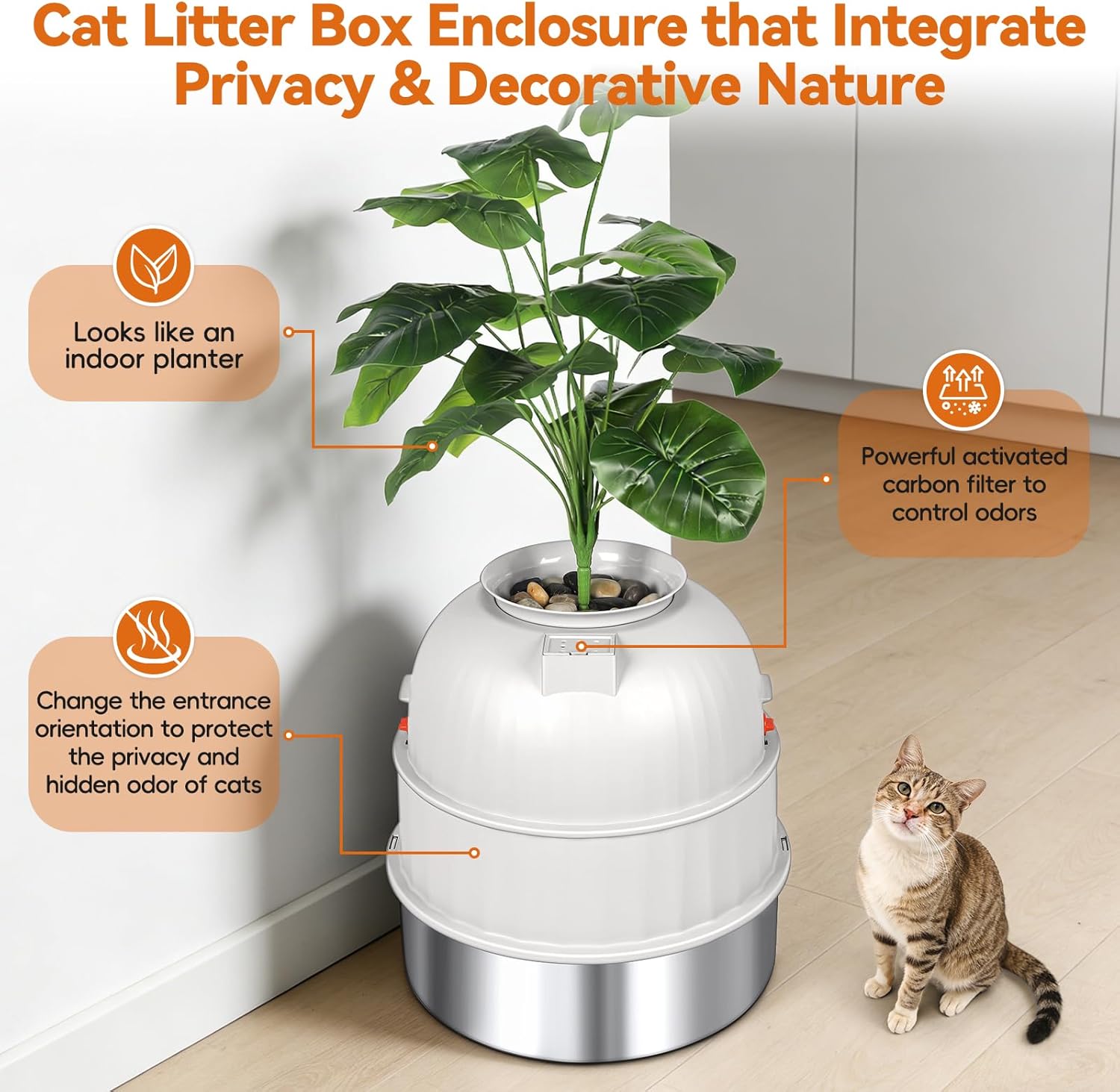 Hidden Cat Litter Box Enclosure with Artificial Plant, Stainless Steel Litter Box Furniture, Decorative Round Planter Includes Scoop, Pebbles, Carbon Filter, Easy to Clean (Beige)