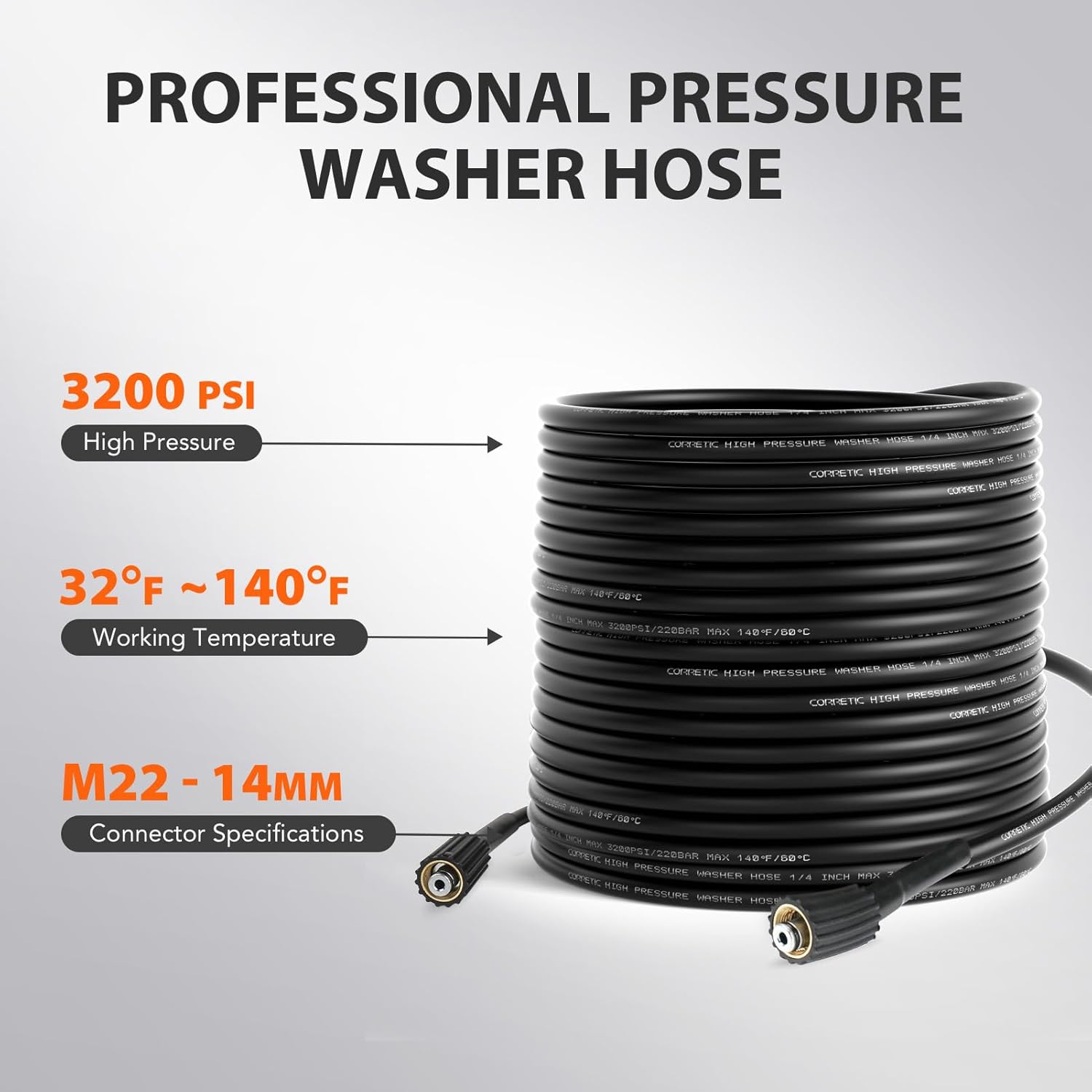 Pressure Washer Hose 3200 PSI 50 FT x 1/4 Inch, Flexible Power Washers Hose Replacement, M22-14mm Brass Thread