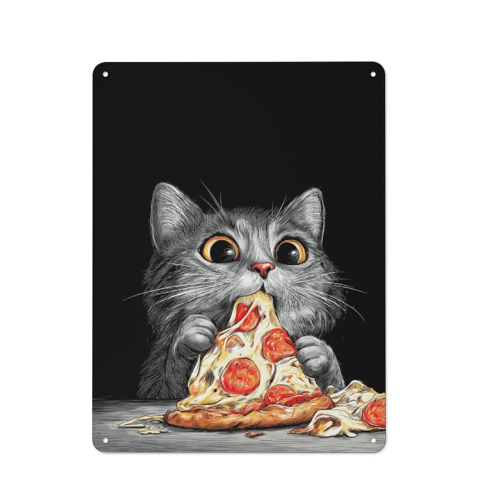 Junmoney Cat Eating Pizza Slice Illustration Vintage Metal Plaque 40X30cm, Diner Style Decor For Coffee Bar, Kitchen, Bistro Or Tea Corner