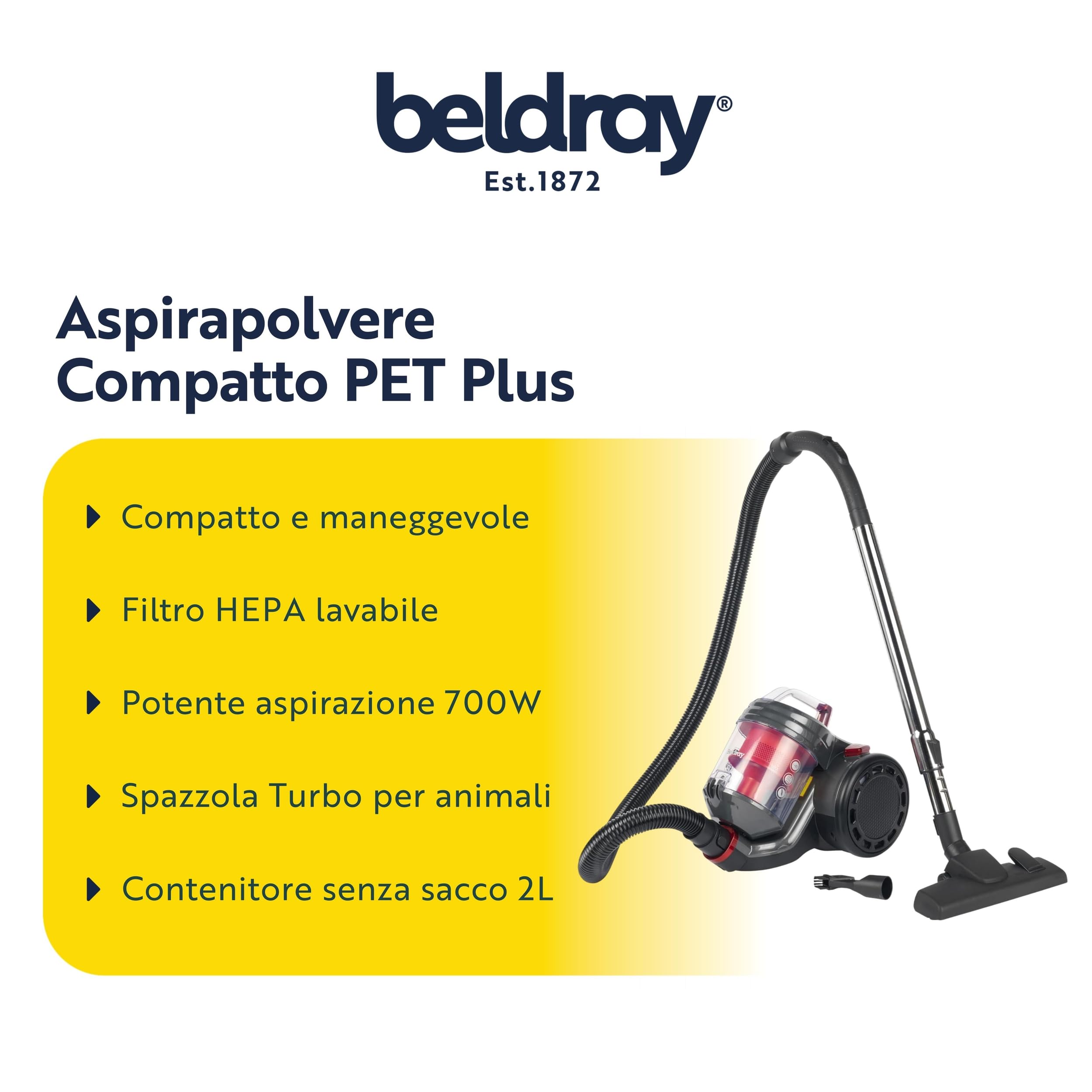 Beldray BEL0700TBVDE Aspirapolvere a cilindro compatto – PET Plus+, aspirapolvere senza sacco, aspirapolvere leggero per tappeti, spazzola Turbo per animali domestici, contenitore da 2 l, 700W, rosso