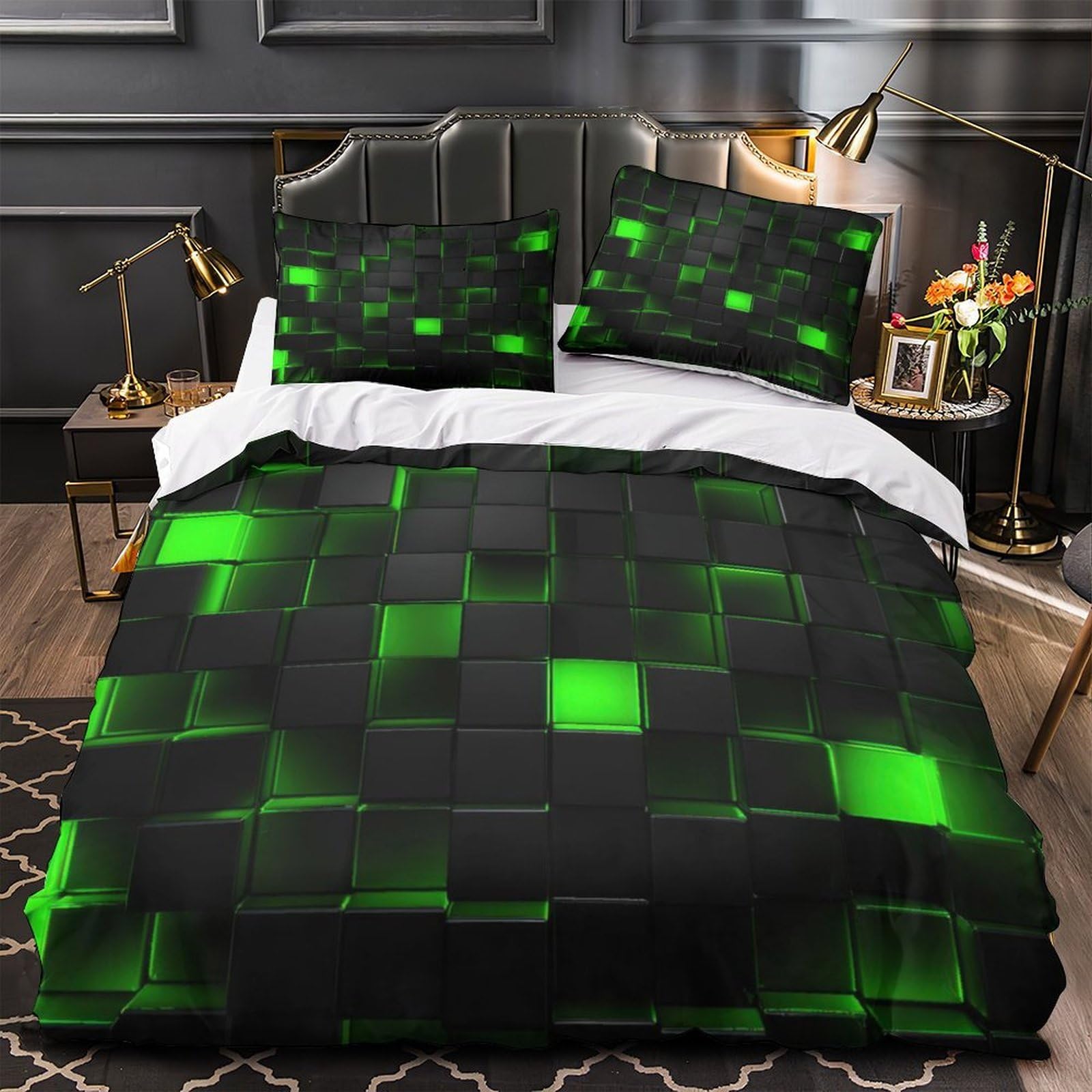 Parure de lit hypoallergénique cubes verts sans pli avec fermeture éclair