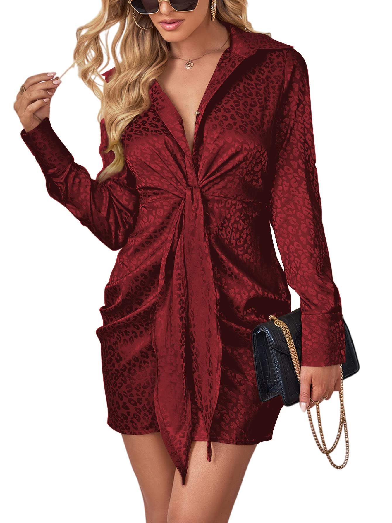 LYANERWomen's Leopard Satin Deep Collar V Neck Tie Front Long Sleeve Mini Party Dress