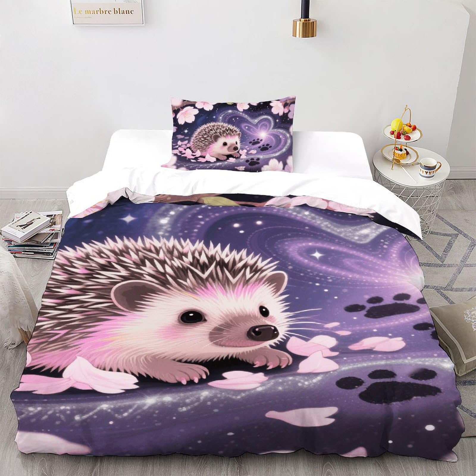 Housse de couette single motif hérisson violet en microfibre 135x200cm pour lit une place enfant