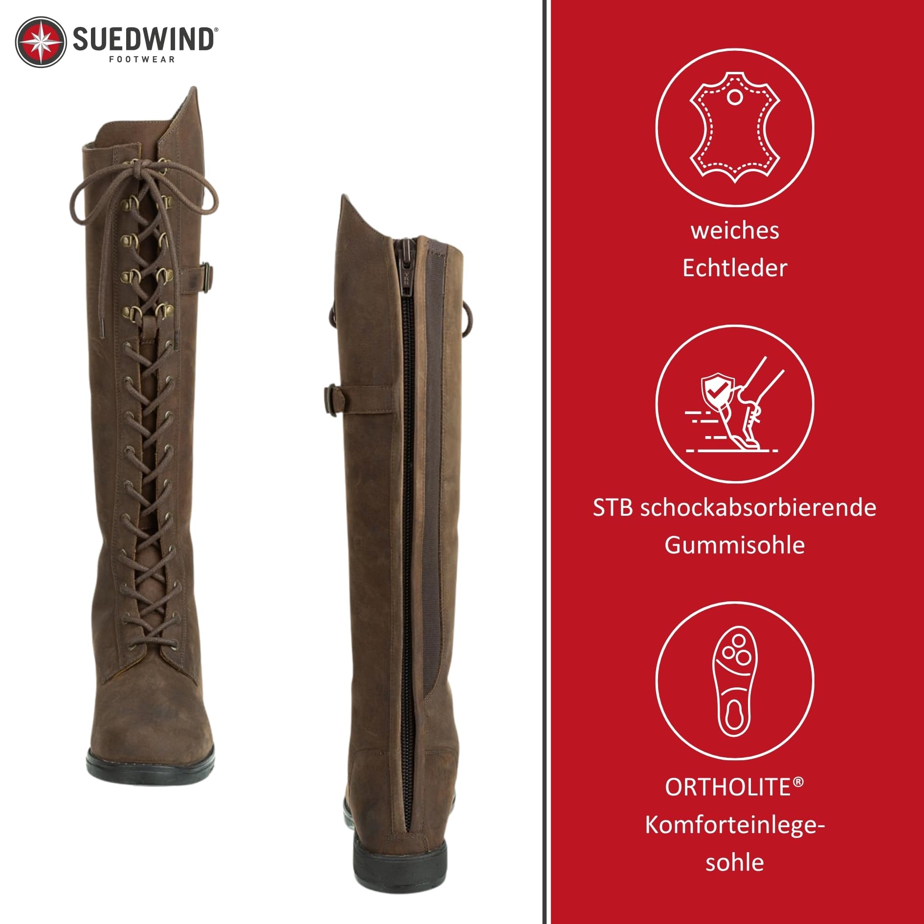 SUEDWIND FOOTWEAR Leder Reitstiefel für Damen Longford All Year Waterproof – Stiefel zum Reiten – Polo-Schnürung, Reißverschluss & Ortholite-Innensohle – schwarz o. braun – Gr. 36-43