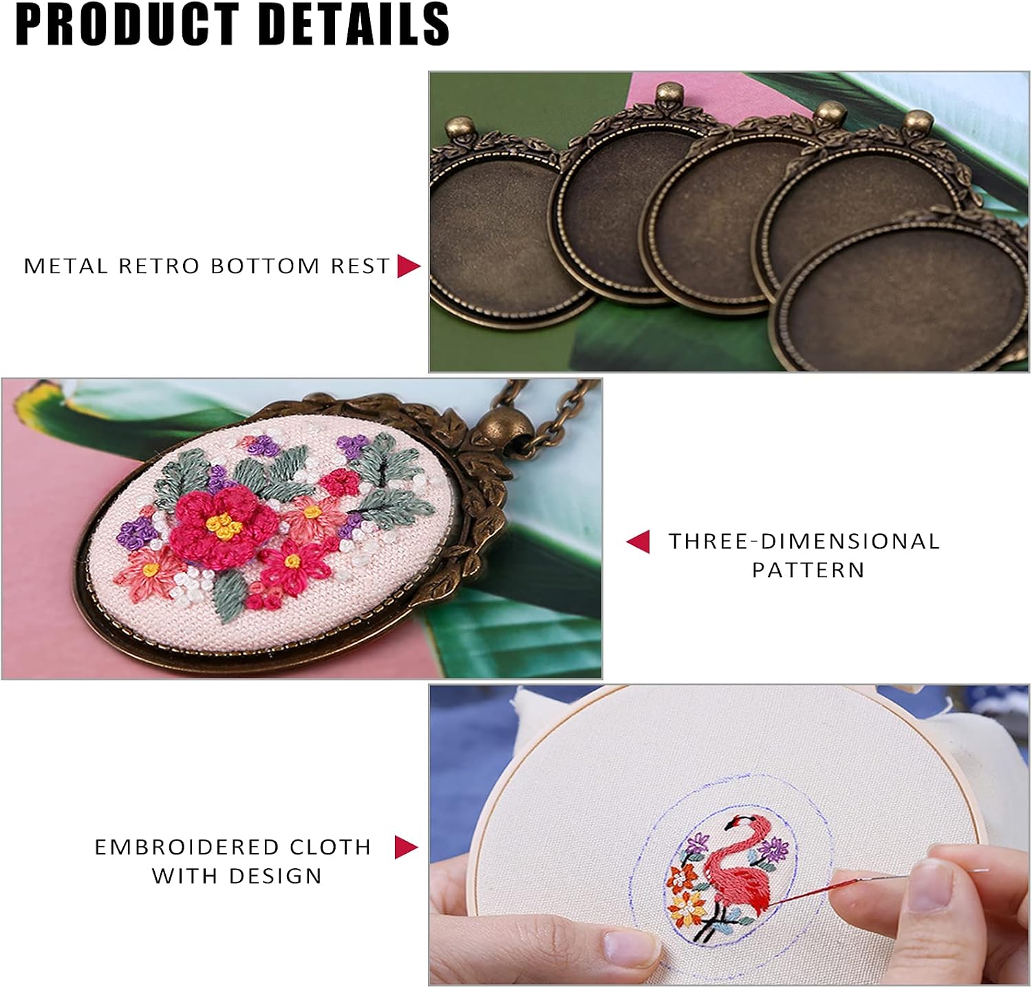 ZOCONE 6 Packs Embroidery Necklace Kit, Embroidery Pendant Kit Mini Cross Stitch Kit with 4 Hoops, Necklace, Pendant, Stamped Pattern Cloth, Instructions, etc., Embroidery Kit for Adults image 4