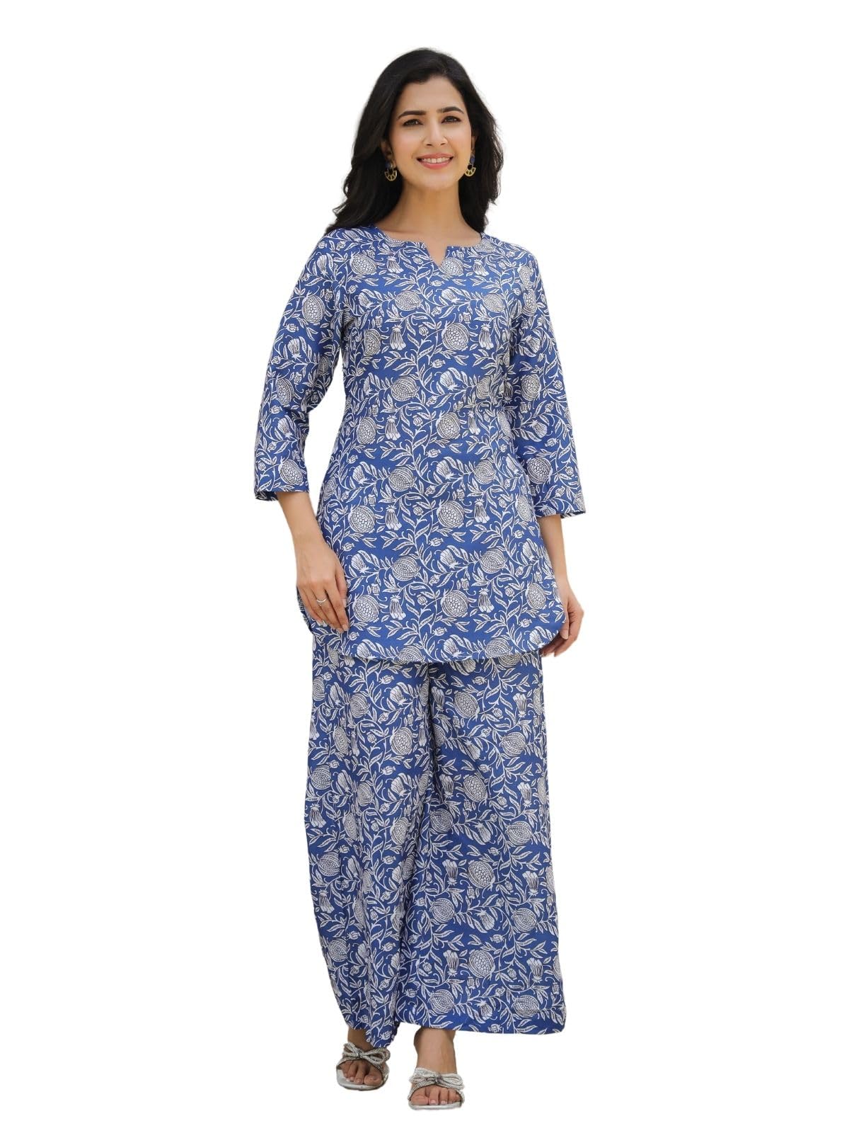 Greciilooks Rayon Printed Classic Women Co-Ord Set (Gl-W2164&Tr1130_Dark Blue