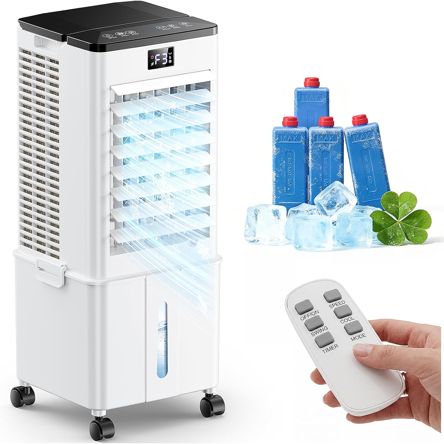 4-in-1 tragbares Klimagerät, Verdunstungsluftkühler mit 10L Wassertank, 4 Modi und 3 Geschwindigkeiten, 1-12h Timer mit Rollen, für Zuhause (Silberweiß)