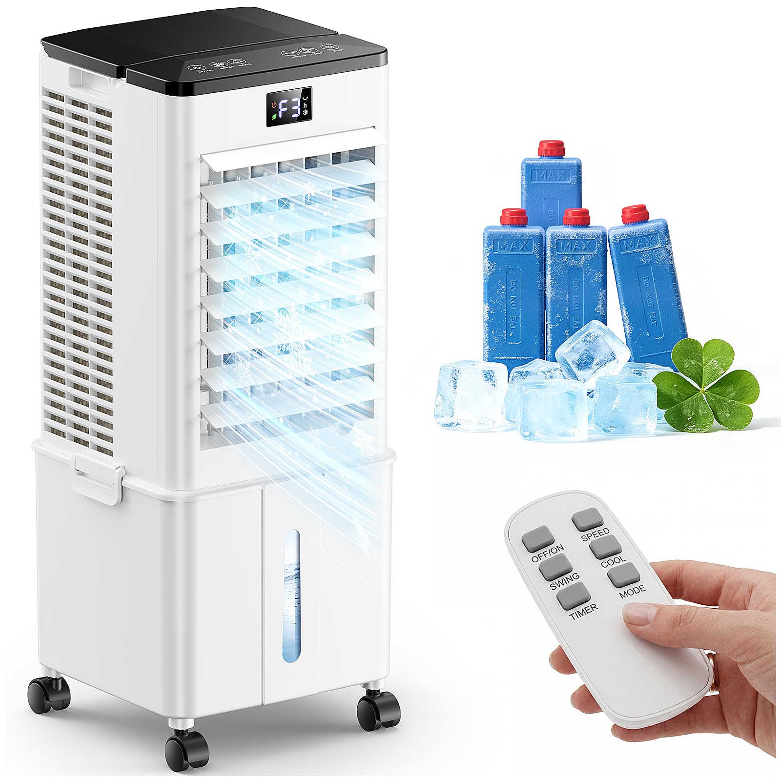 4-in-1 tragbares Klimagerät, Verdunstungsluftkühler mit 10L Wassertank, 4 Modi und 3 Geschwindigkeiten, 1-12h Timer mit Rollen, für Zuhause (Silberweiß)